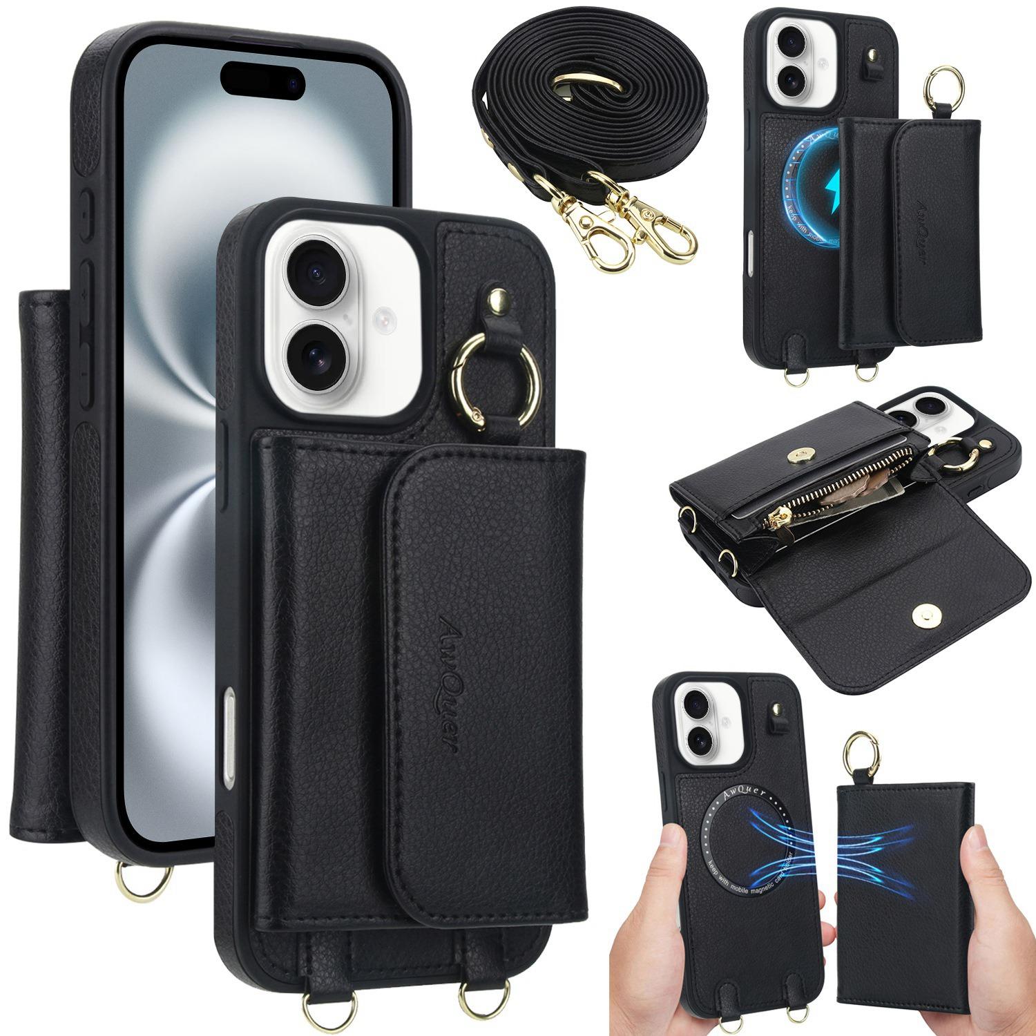 For iPhone 16 Plus AwQuer 2 in 1 Crossbody Wallet Leather Back Phone Case(Black) - Shopkiz.com