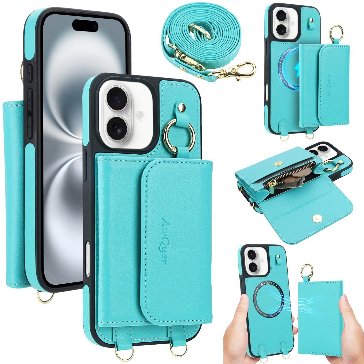 For iPhone 16 Plus AwQuer 2 in 1 Crossbody Wallet Leather Back Phone Case(Light Green) - Shopkiz.com