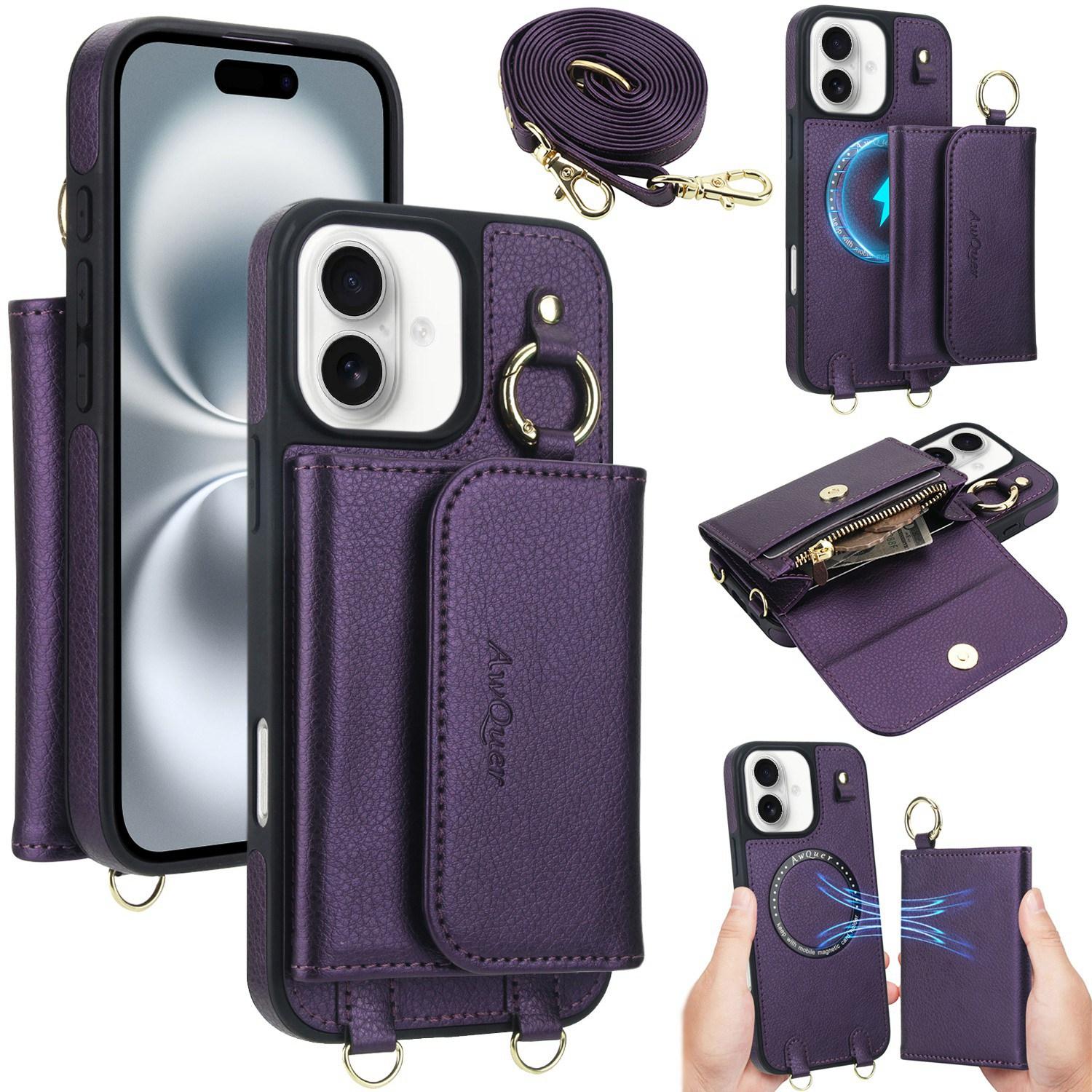 For iPhone 16 Plus AwQuer 2 in 1 Crossbody Wallet Leather Back Phone Case(Dark Purple) - Shopkiz.com