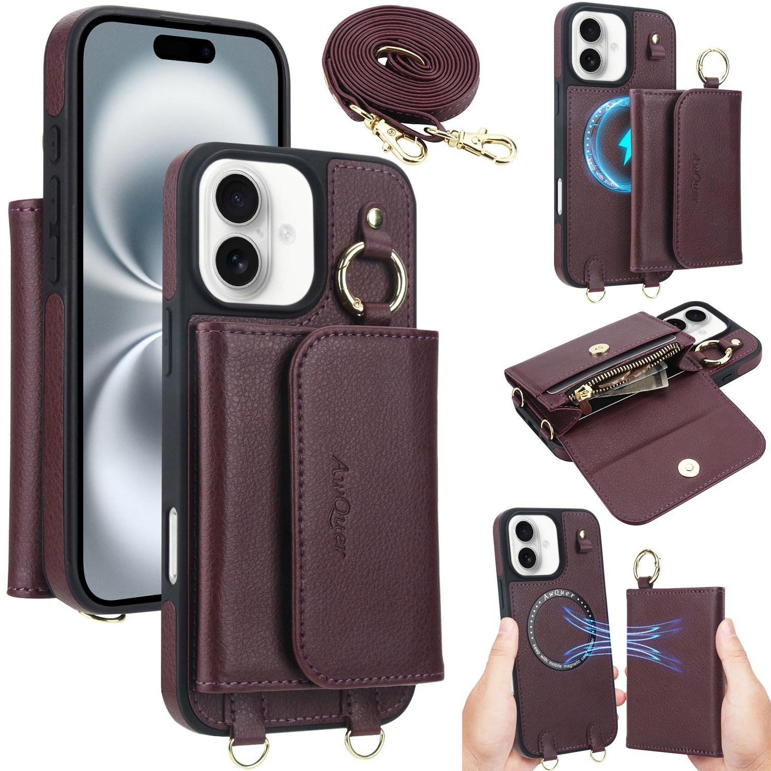 For iPhone 16 AwQuer 2 in 1 Crossbody Wallet Leather Back Phone Case(Wine Red) - Shopkiz.com
