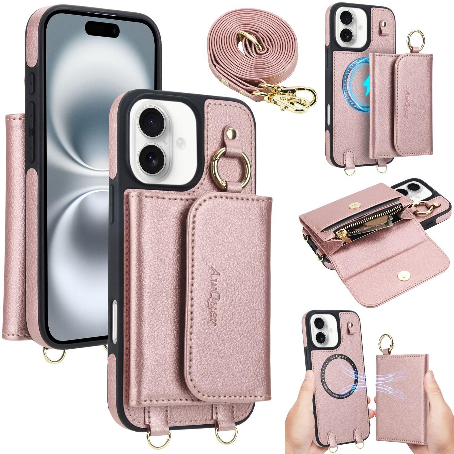 For iPhone 16 AwQuer 2 in 1 Crossbody Wallet Leather Back Phone Case(Rose Gold) - Shopkiz.com