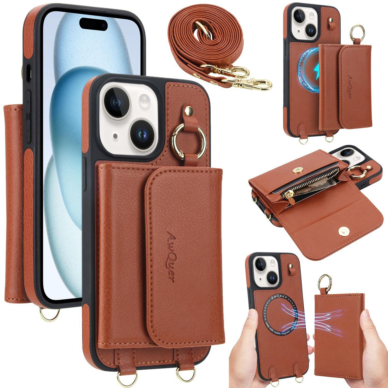 For iPhone 15 Plus AwQuer 2 in 1 Crossbody Wallet Leather Back Phone Case(Brown) - Shopkiz.com