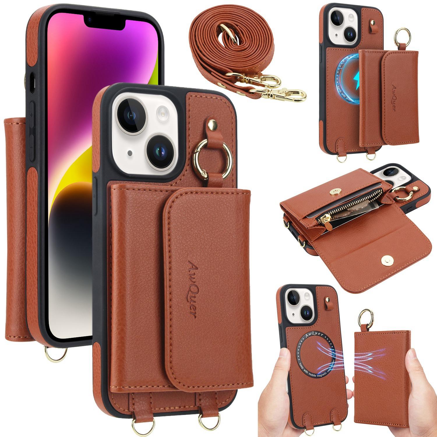 For iPhone 14 Plus AwQuer 2 in 1 Crossbody Wallet Leather Back Phone Case(Brown) - Shopkiz.com