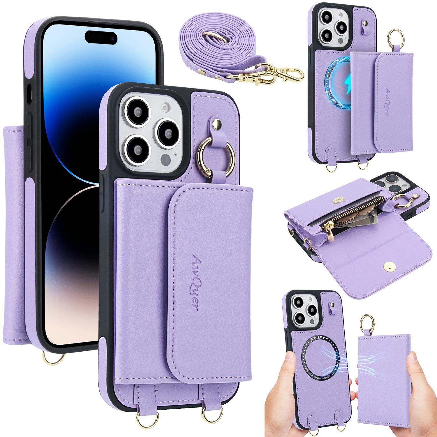 For iPhone 14 Pro AwQuer 2 in 1 Crossbody Wallet Leather Back Phone Case(Light Purple) - Shopkiz.com