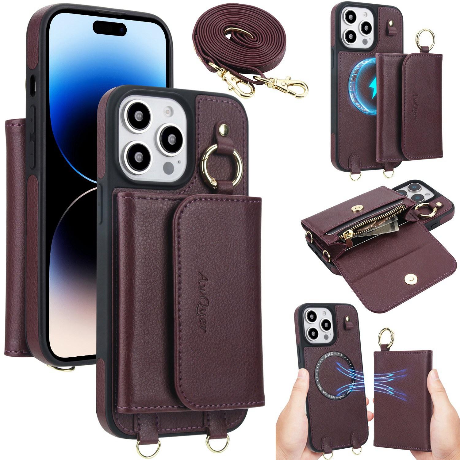 For iPhone 14 Pro Max AwQuer 2 in 1 Crossbody Wallet Leather Back Phone Case(Wine Red) - Shopkiz.com