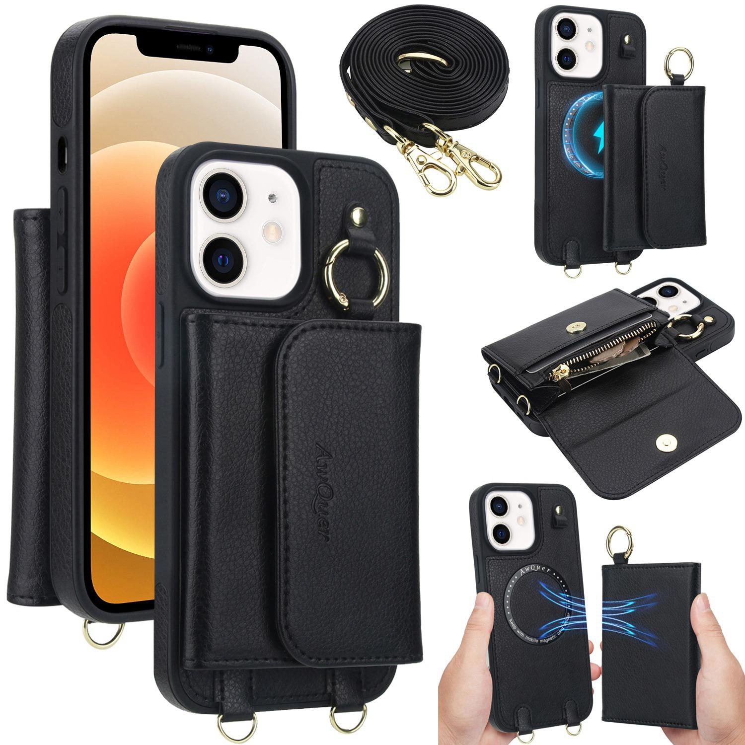 For iPhone 12 / 12 Pro AwQuer 2 in 1 Crossbody Wallet Leather Back Phone Case(Black) - Shopkiz.com