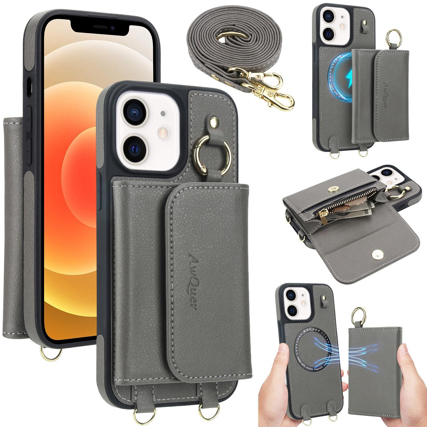 For iPhone 12 / 12 Pro AwQuer 2 in 1 Crossbody Wallet Leather Back Phone Case(Grey) - Shopkiz.com