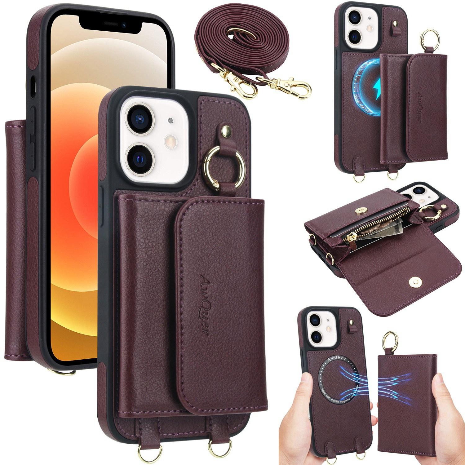 For iPhone 12 / 12 Pro AwQuer 2 in 1 Crossbody Wallet Leather Back Phone Case(Wine Red) - Shopkiz.com