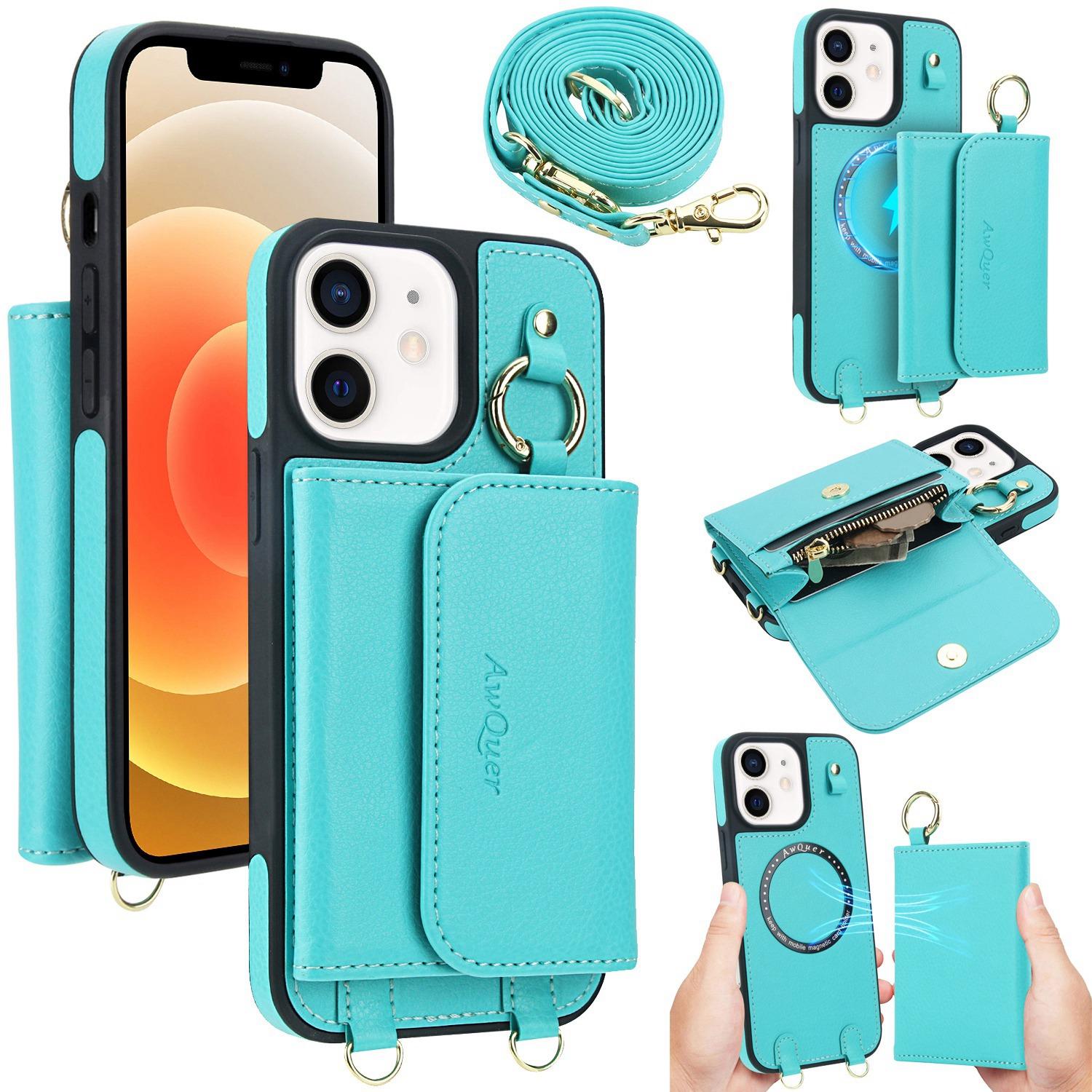 For iPhone 12 / 12 Pro AwQuer 2 in 1 Crossbody Wallet Leather Back Phone Case(Light Green) - Shopkiz.com