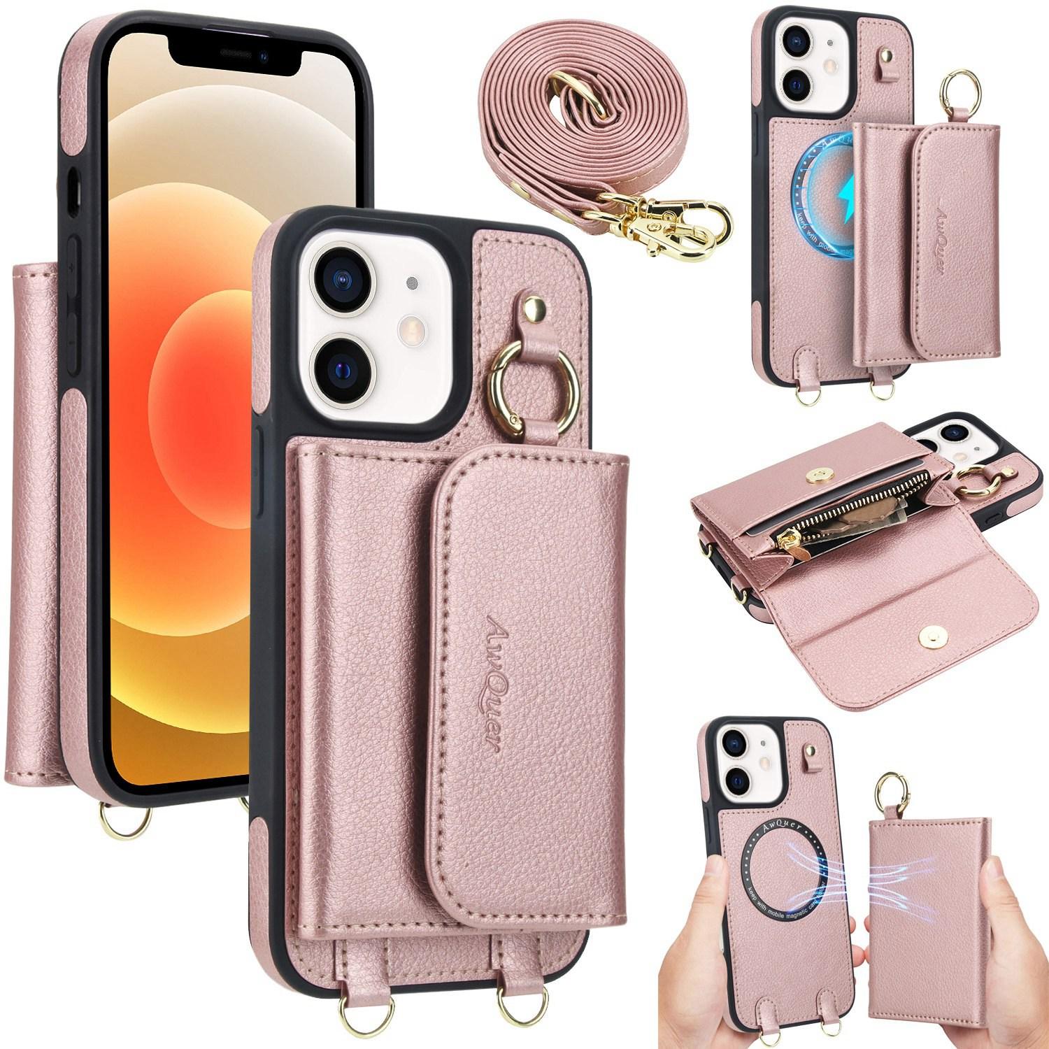 For iPhone 12 / 12 Pro AwQuer 2 in 1 Crossbody Wallet Leather Back Phone Case(Rose Gold) - Shopkiz.com