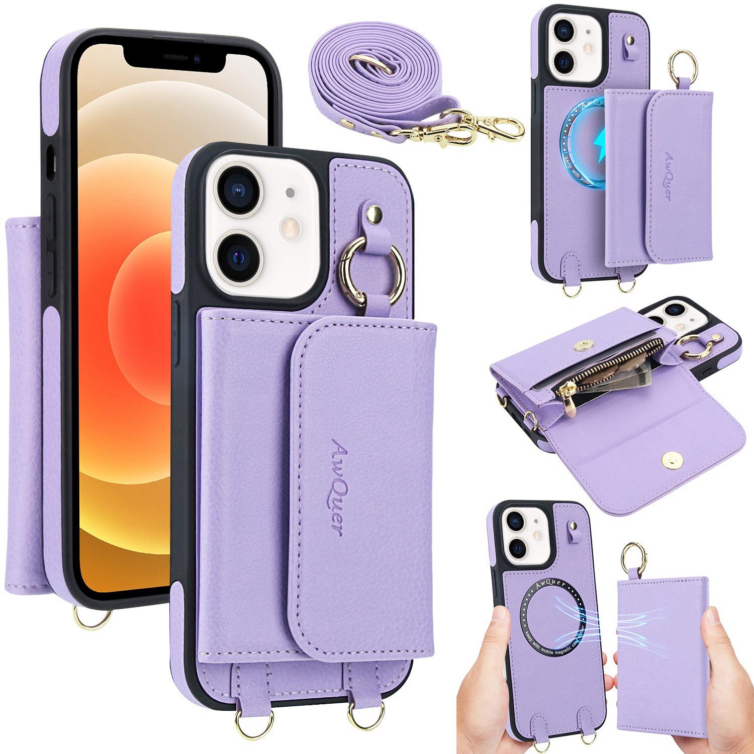 For iPhone 12 / 12 Pro AwQuer 2 in 1 Crossbody Wallet Leather Back Phone Case(Light Purple) - Shopkiz.com