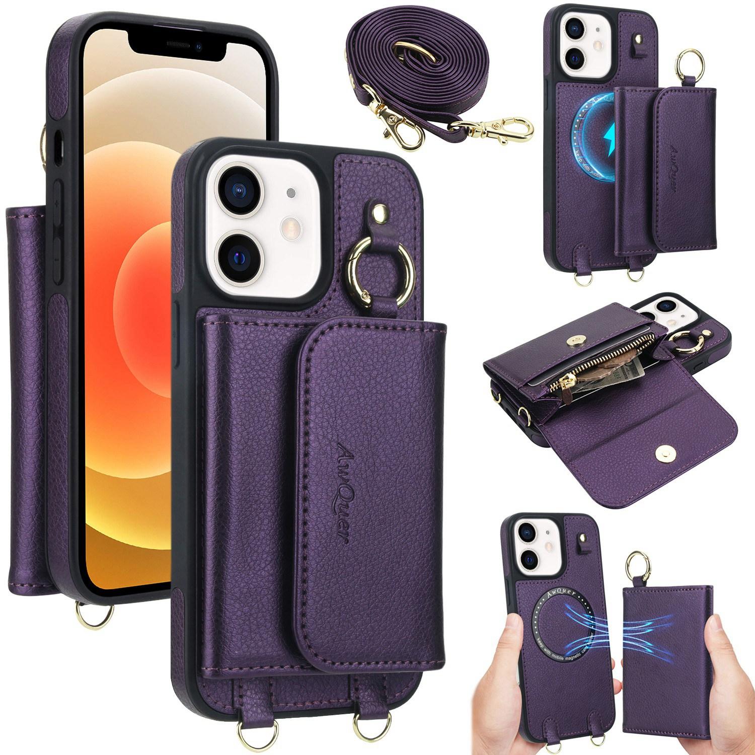 For iPhone 12 / 12 Pro AwQuer 2 in 1 Crossbody Wallet Leather Back Phone Case(Dark Purple) - Shopkiz.com