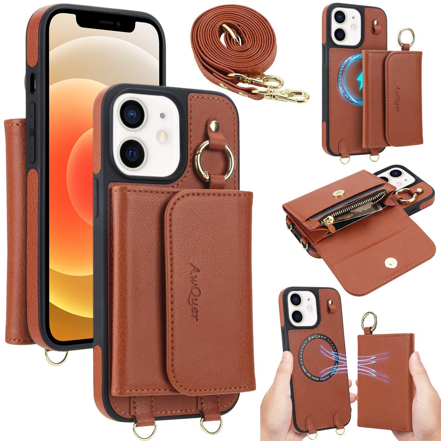 For iPhone 12 / 12 Pro AwQuer 2 in 1 Crossbody Wallet Leather Back Phone Case(Brown) - Shopkiz.com