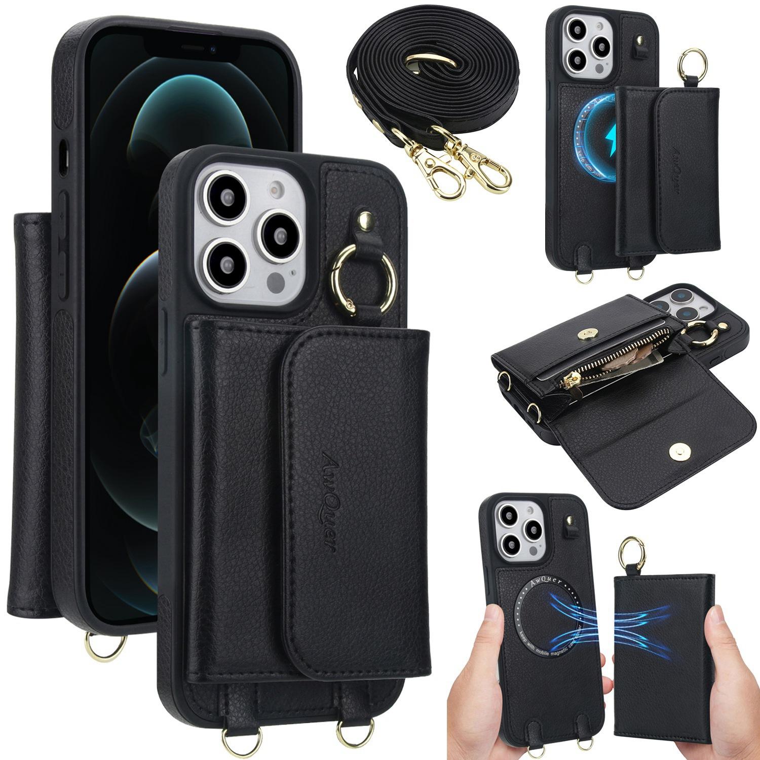 For iPhone 12 Pro Max AwQuer 2 in 1 Crossbody Wallet Leather Back Phone Case(Black) - Shopkiz.com
