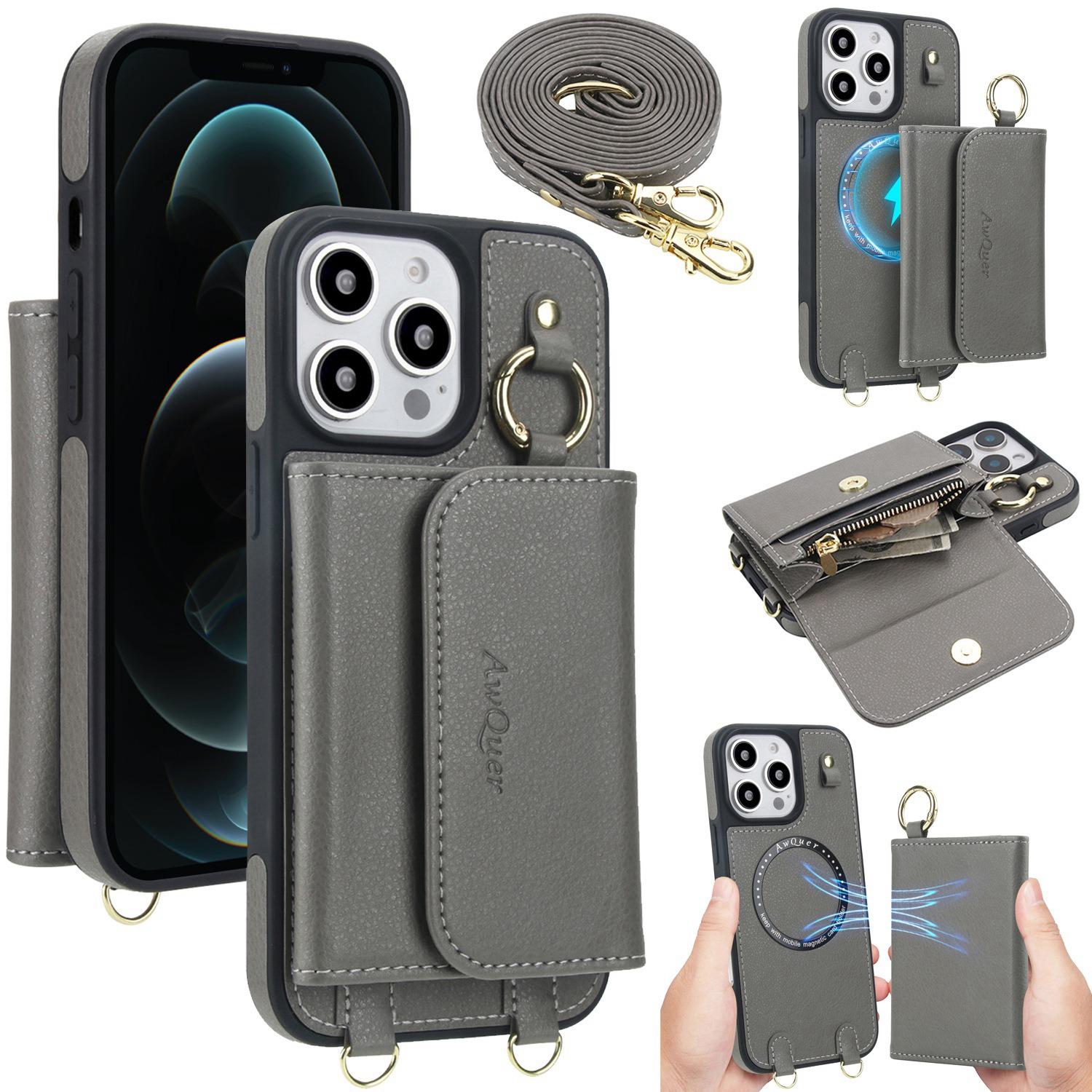For iPhone 12 Pro Max AwQuer 2 in 1 Crossbody Wallet Leather Back Phone Case(Grey) - Shopkiz.com