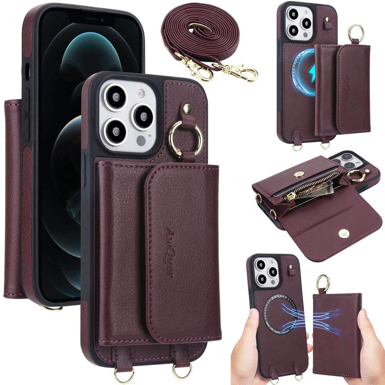 For iPhone 12 Pro Max AwQuer 2 in 1 Crossbody Wallet Leather Back Phone Case(Wine Red) - Shopkiz.com