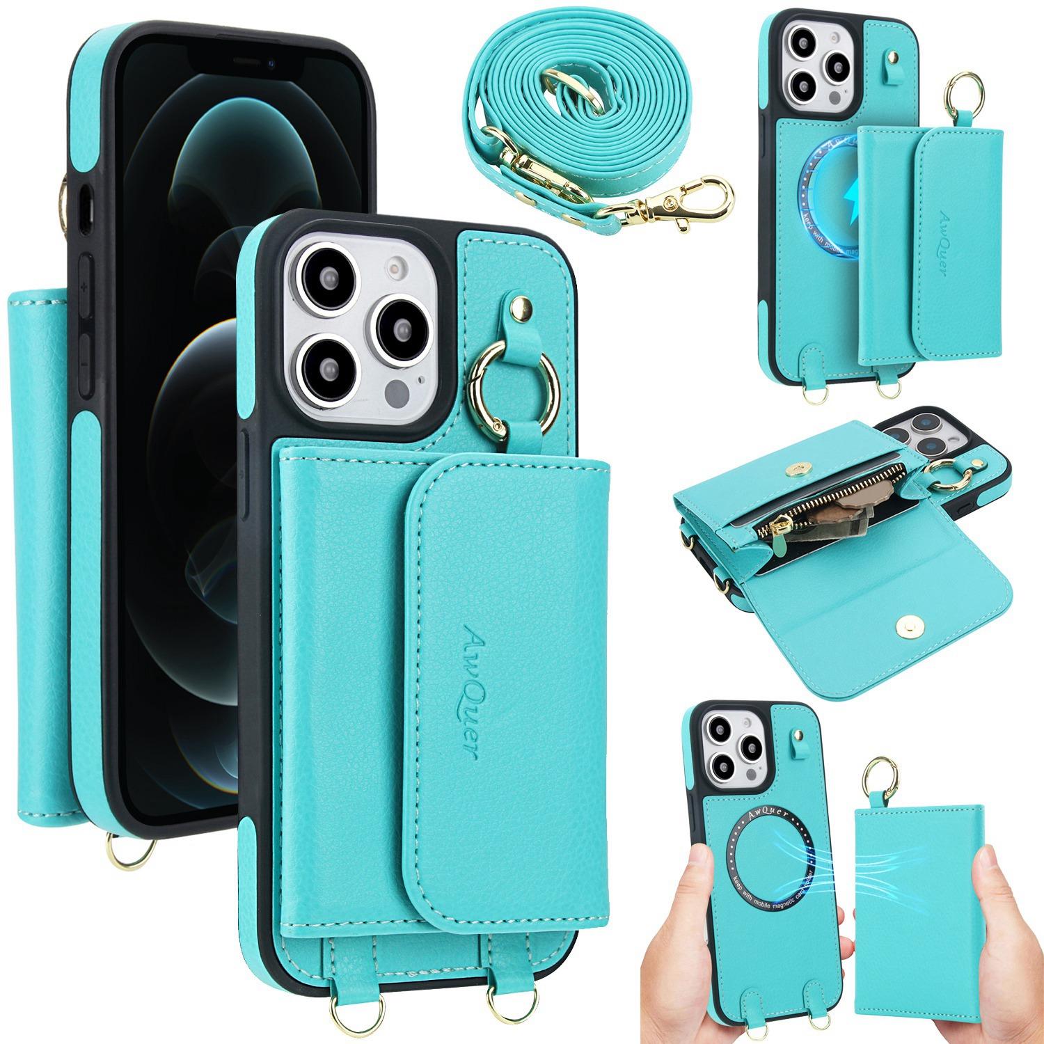 For iPhone 12 Pro Max AwQuer 2 in 1 Crossbody Wallet Leather Back Phone Case(Light Green) - Shopkiz.com