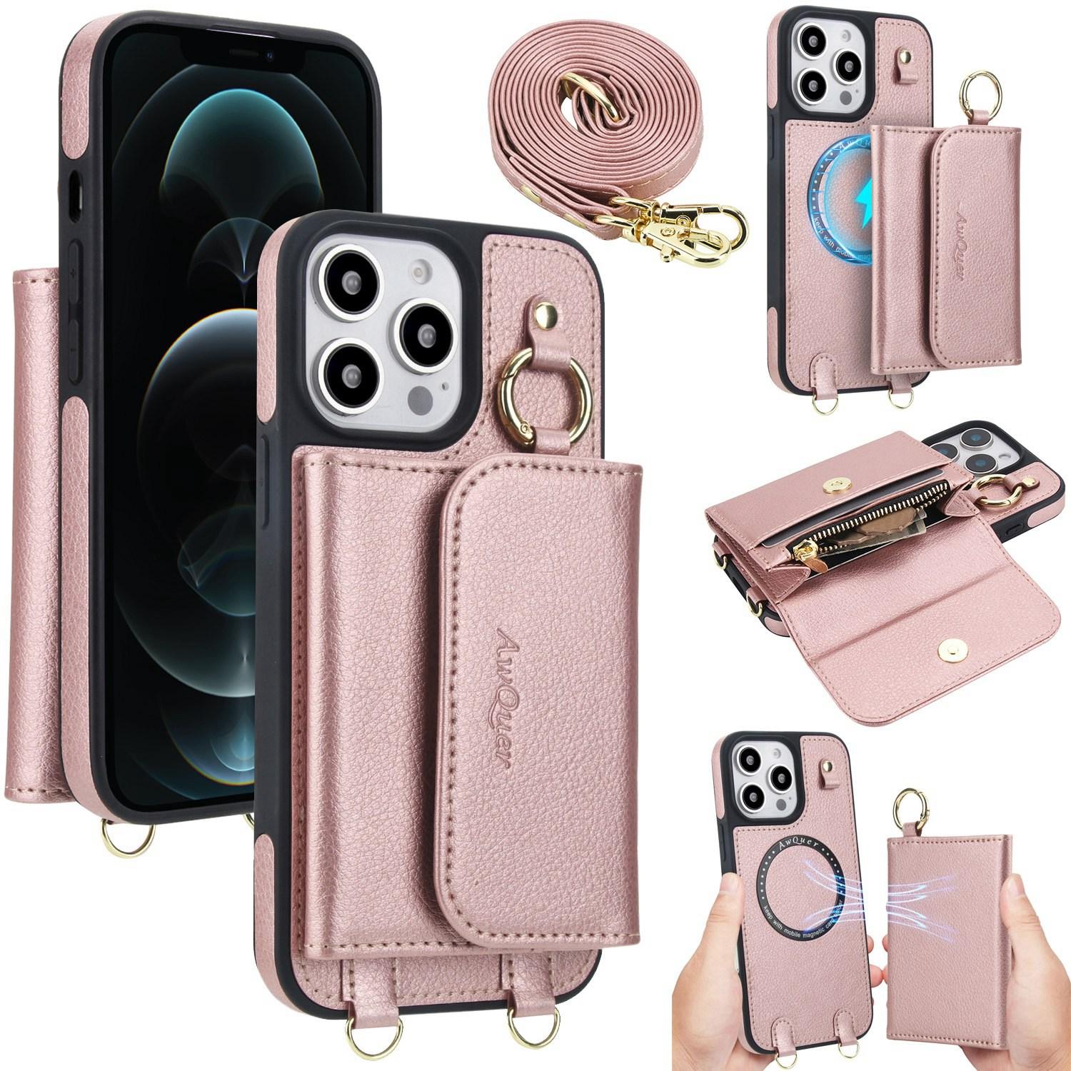 For iPhone 12 Pro Max AwQuer 2 in 1 Crossbody Wallet Leather Back Phone Case(Rose Gold) - Shopkiz.com