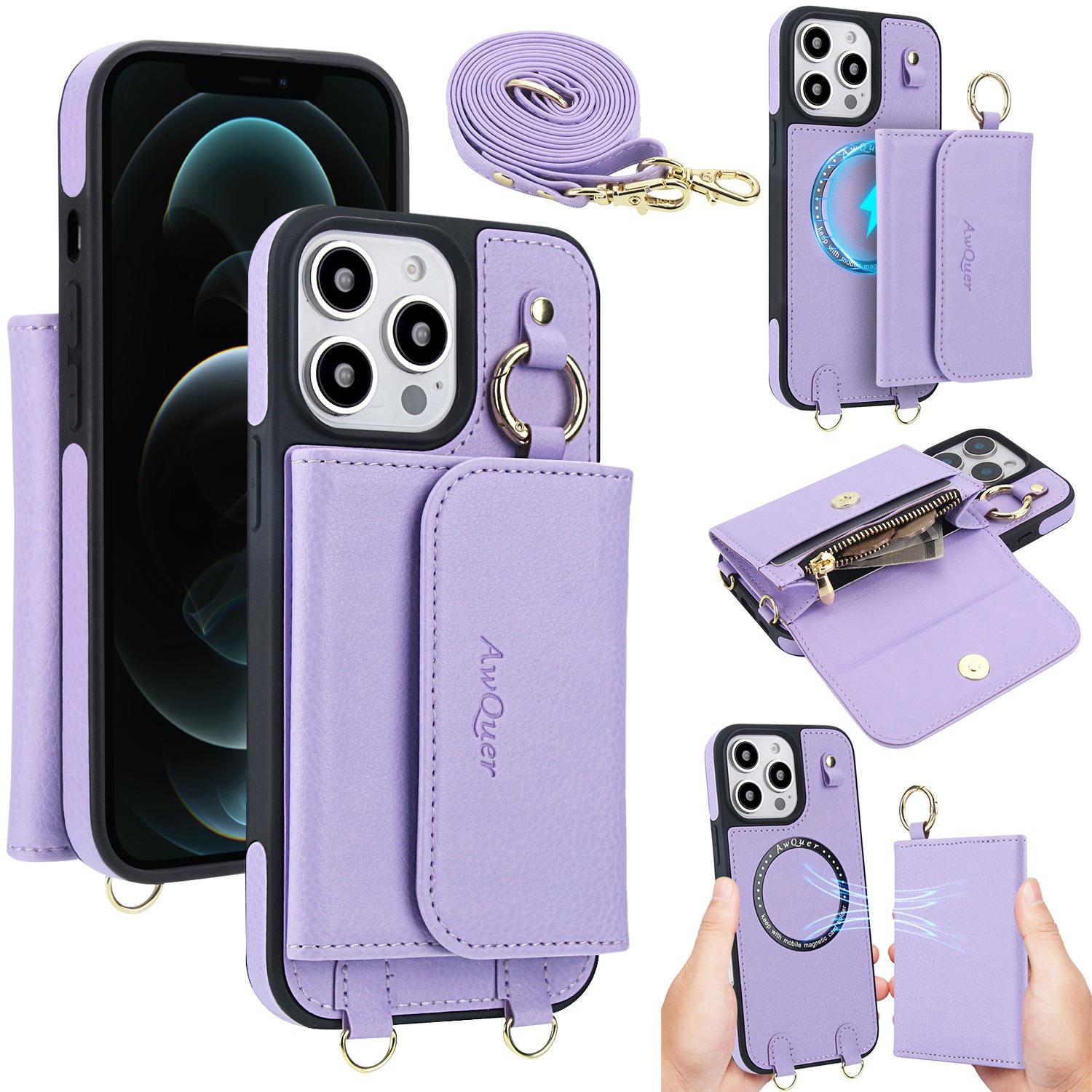 For iPhone 12 Pro Max AwQuer 2 in 1 Crossbody Wallet Leather Back Phone Case(Light Purple) - Shopkiz.com
