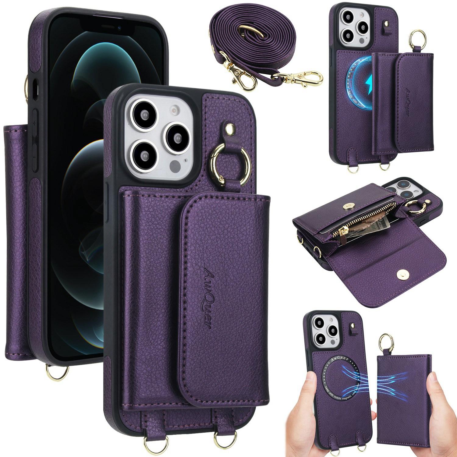 For iPhone 12 Pro Max AwQuer 2 in 1 Crossbody Wallet Leather Back Phone Case(Dark Purple) - Shopkiz.com