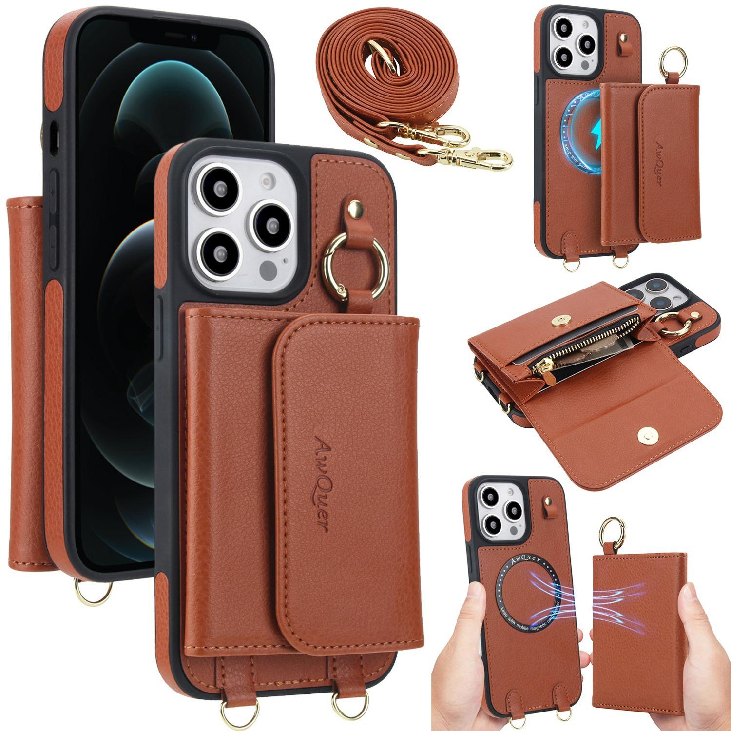 For iPhone 12 Pro Max AwQuer 2 in 1 Crossbody Wallet Leather Back Phone Case(Brown) - Shopkiz.com