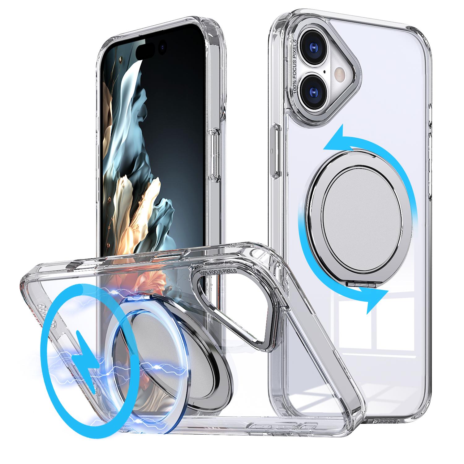 For iPhone 16 Plus Kalebol 360-degree Rotating MagSafe Magnetic Holder Phone Case(Transparent) - Shopkiz.com