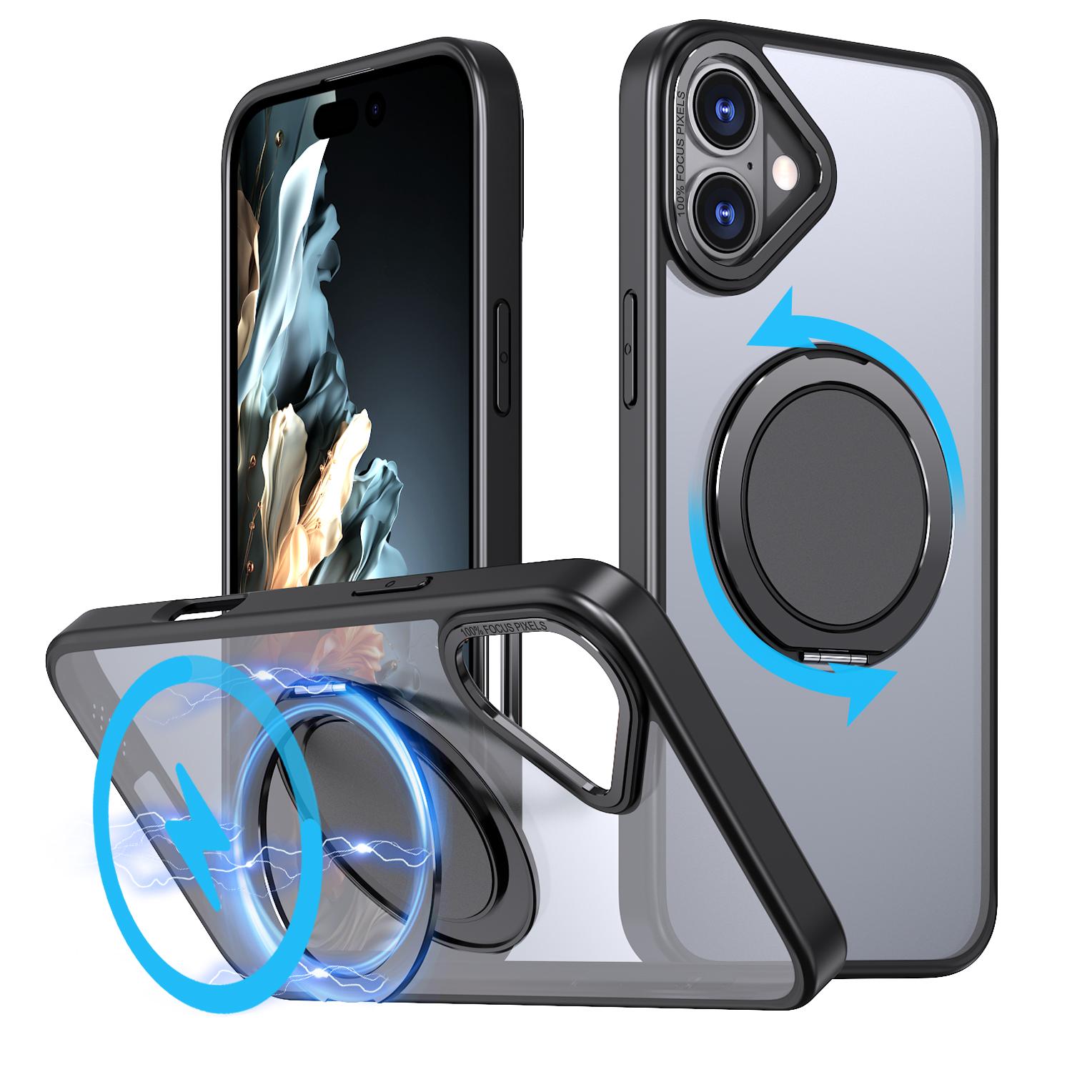 For iPhone 16 Kalebol 360-degree Rotating MagSafe Magnetic Holder Phone Case(Black) - Shopkiz.com