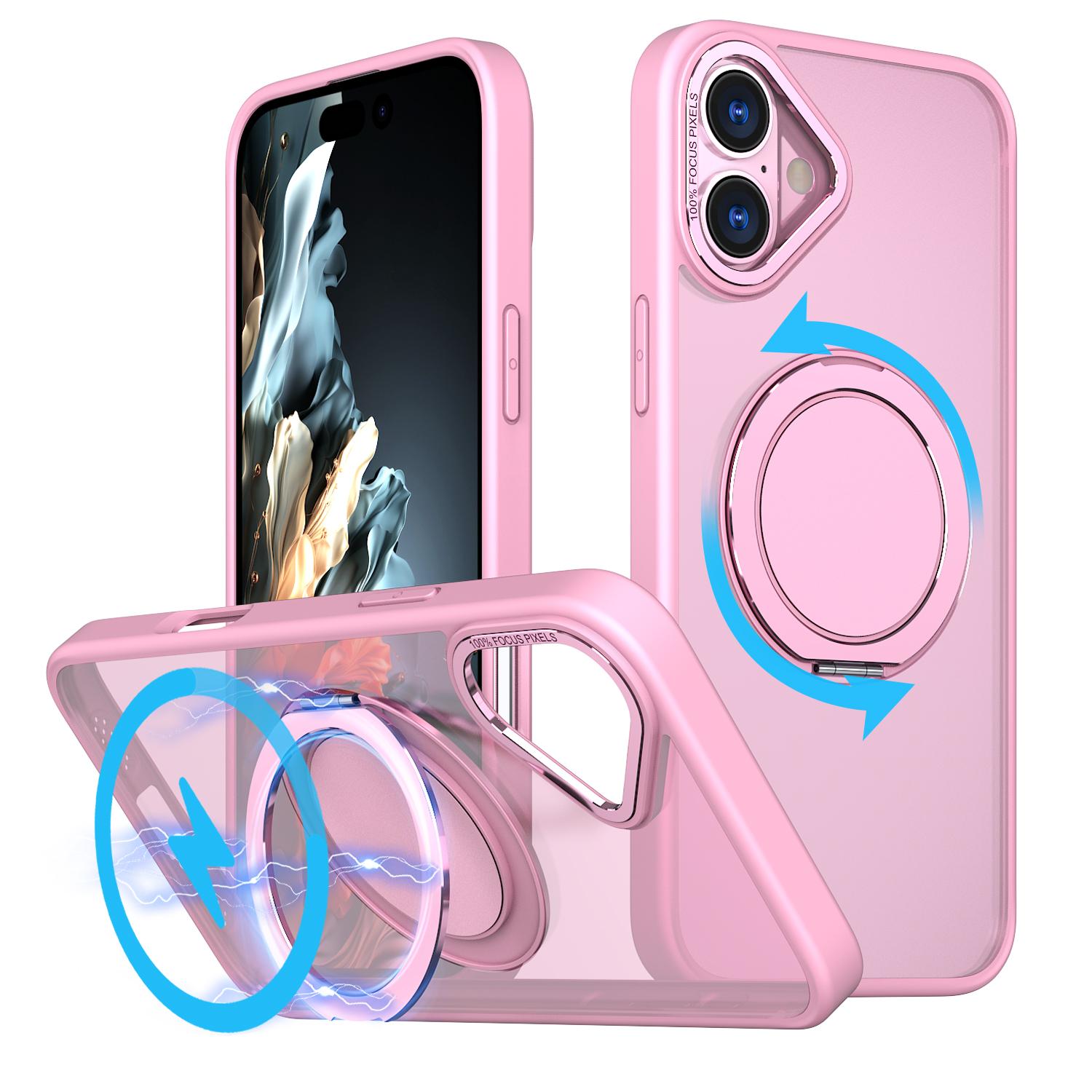 For iPhone 16 Kalebol 360-degree Rotating MagSafe Magnetic Holder Phone Case(Pink) - Shopkiz.com