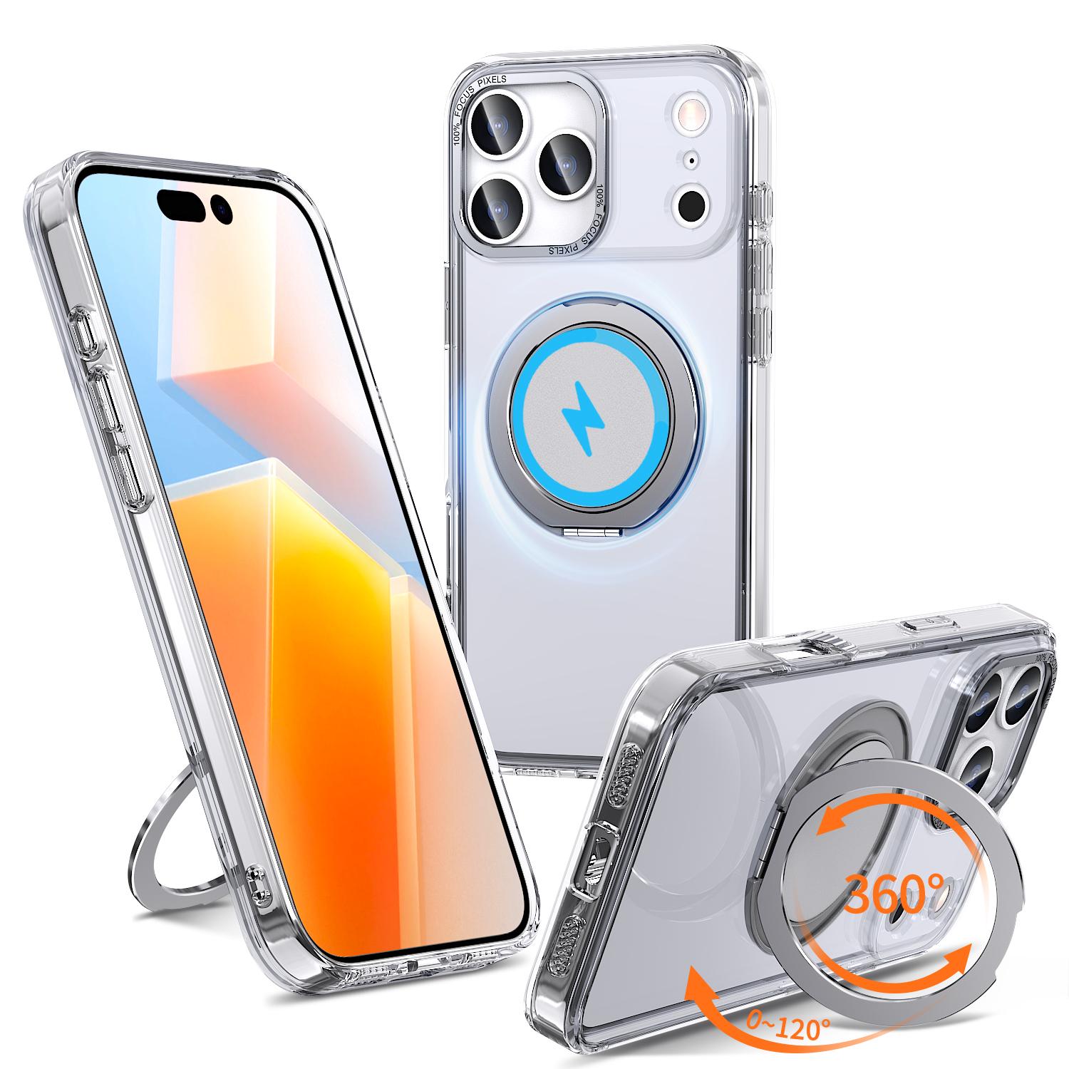 For iPhone 18 Pro Max Kalebol 360-degree Rotating MagSafe Magnetic Holder Phone Case(Transparent) - Shopkiz.com