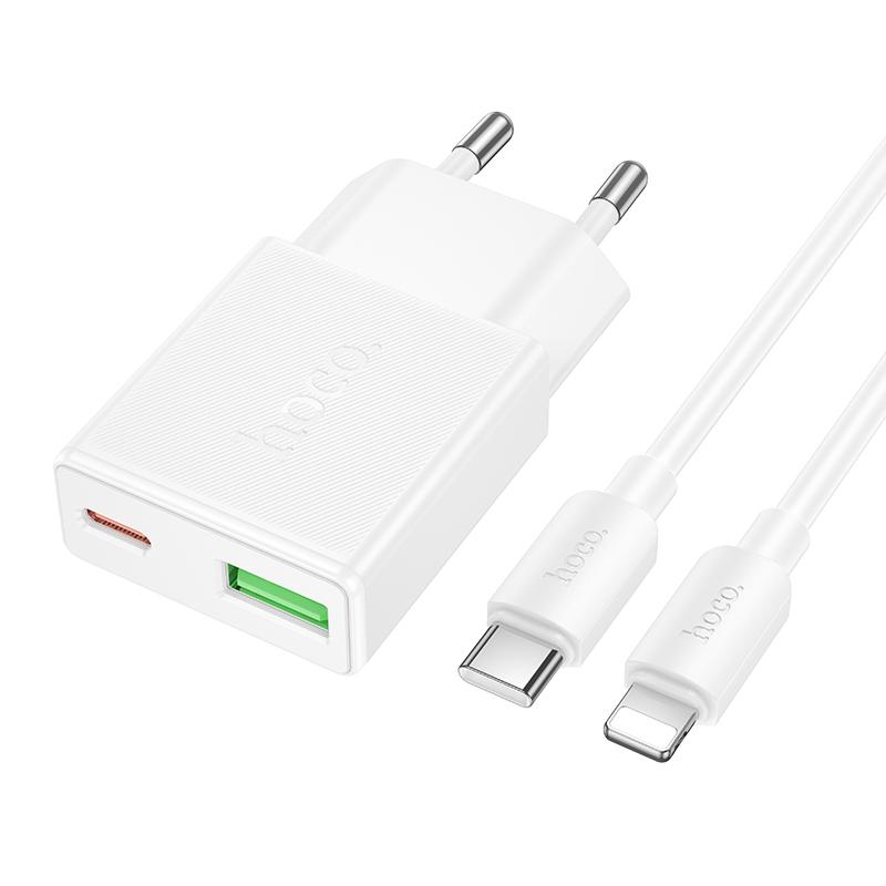 hoco N73 Speed PD20W + QC3.0 Ultra-thin Charger, Plug:EU Plug with Type-C to 8 Pin Cable(White) - Shopkiz.com