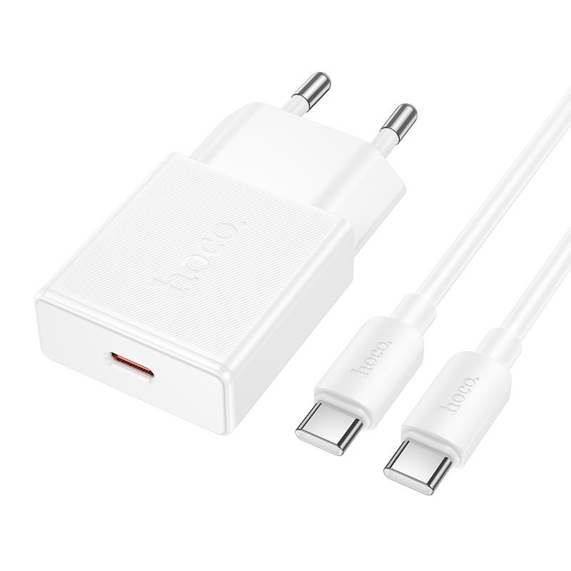 hoco N74 Speed Single-port PD25W Ultra-thin Charger, Plug:EU Plug with Type-C to Type-C Cable(White) - Shopkiz.com
