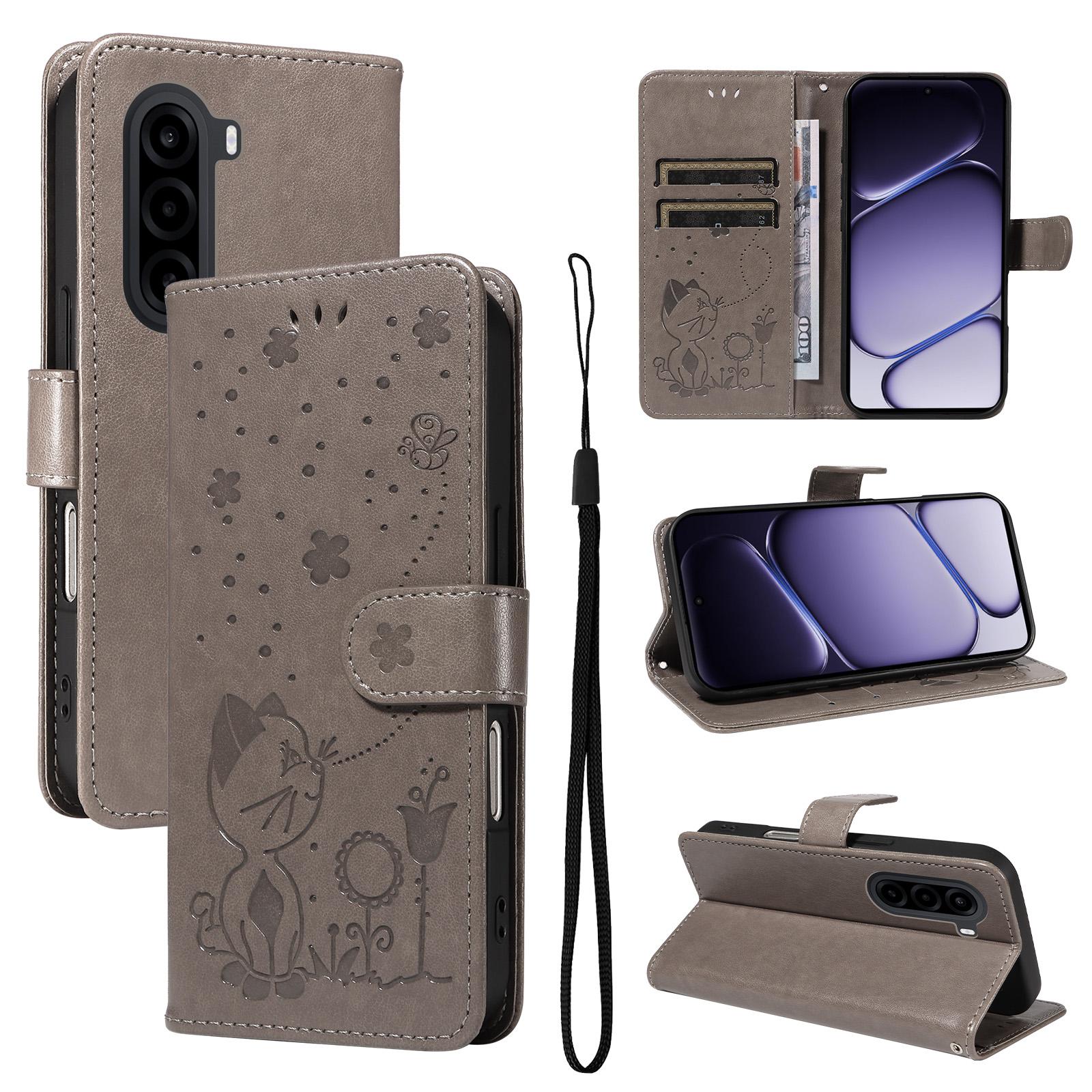 For OnePlus Nord CE6 Lite/Turbo 6X 5G Cat and Bee Embossed Flip Leather Phone Case(Grey) - Shopkiz.com
