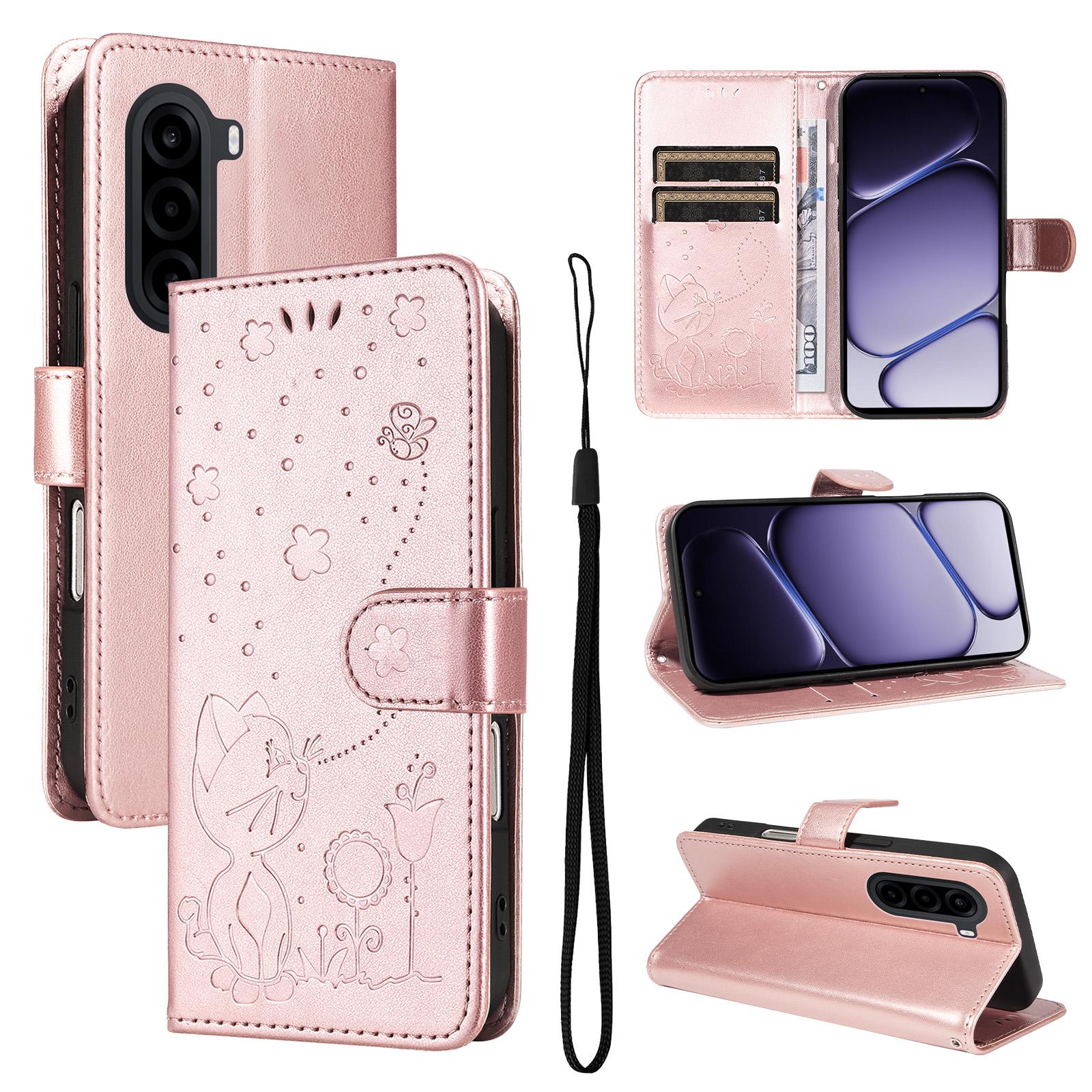 For OnePlus Nord CE6 Lite/Turbo 6X 5G Cat and Bee Embossed Flip Leather Phone Case(Rose Gold) - Shopkiz.com
