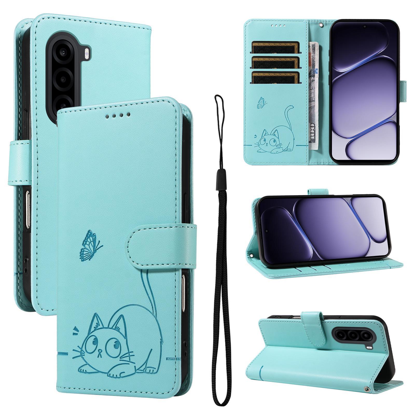 For OnePlus Nord CE6 Lite/Turbo 6X 5G Adorable Cat Embossed Pattern Flip Leather Phone Case(Green) - Shopkiz.com