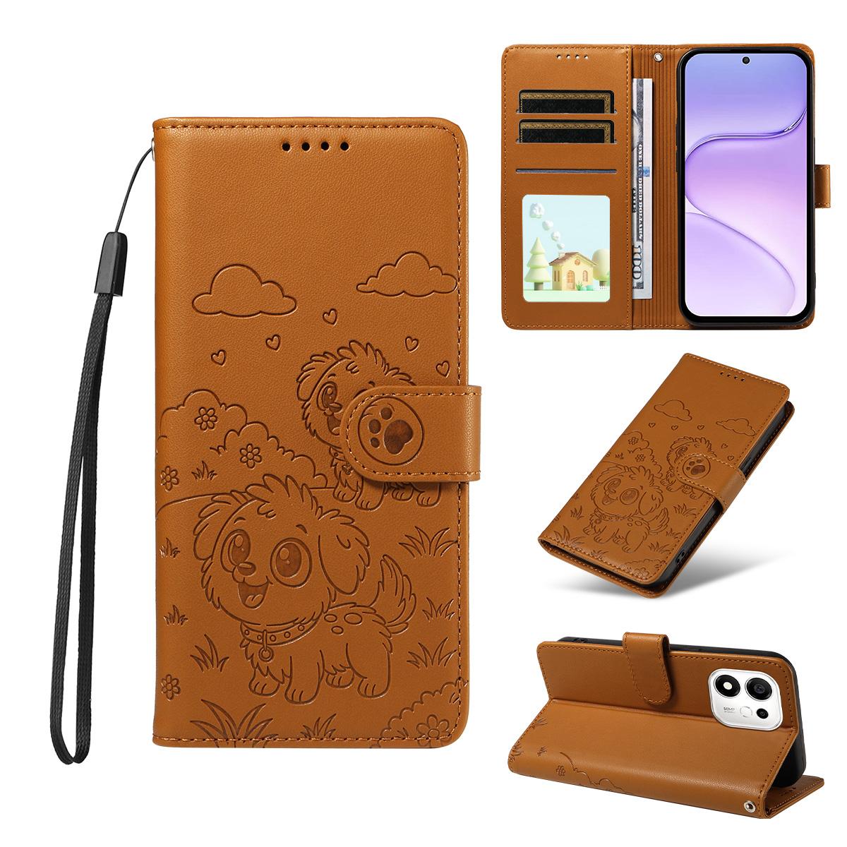 For Honor 600 Smart 5G Embossed Heart Dog RFID Blocking Wallet Leather Phone Case(Brown) - Shopkiz.com