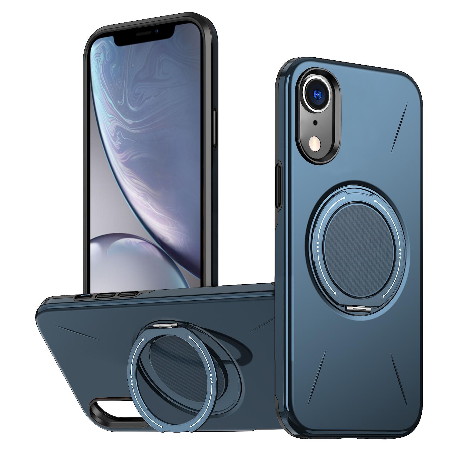 For iPhone XR Metal Rotation Holder MagSafe TPU Hybrid PC Phone Case(Navy Blue) - Shopkiz.com