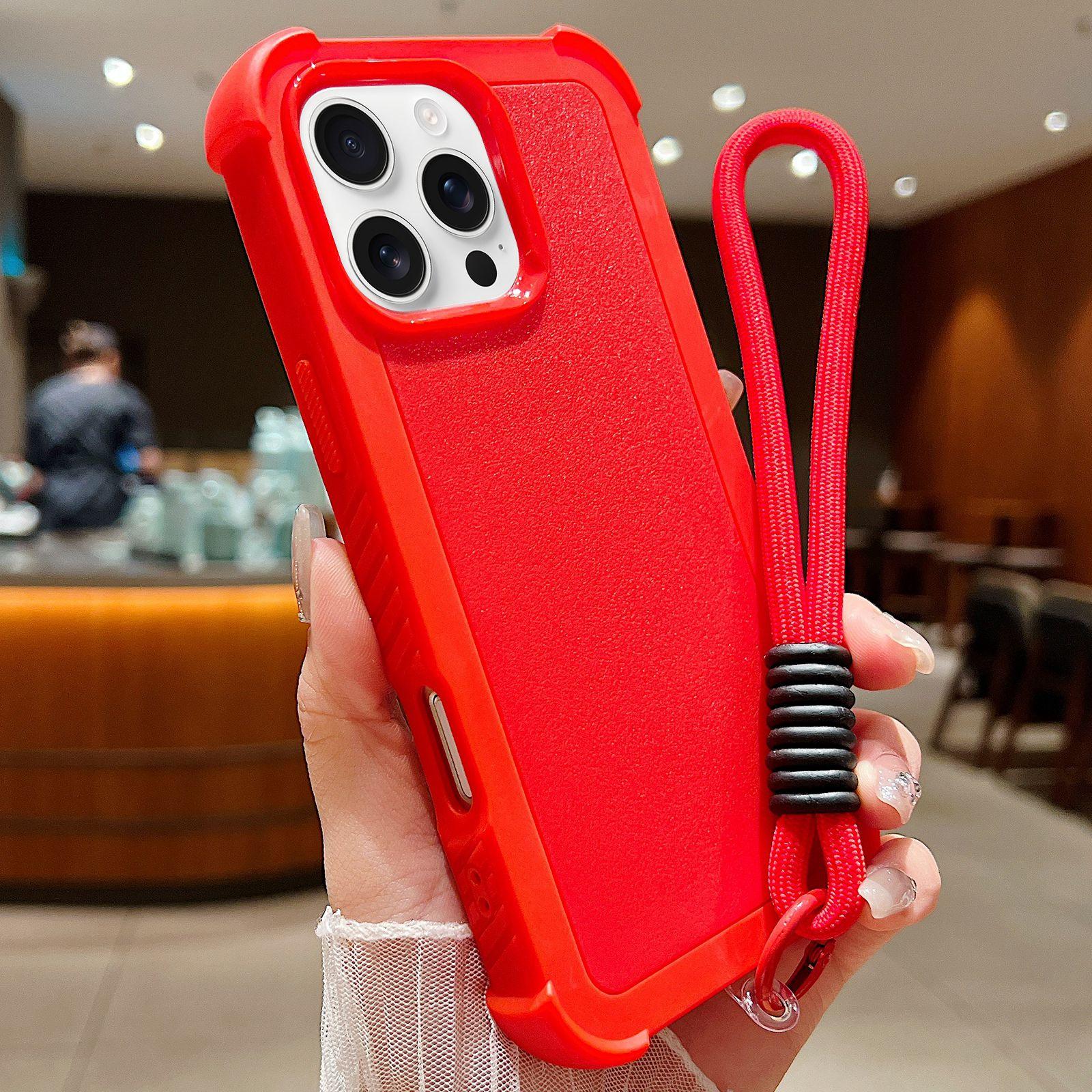 For iPhone 16 Pro Solid Color TPU Hybrid PC Shockproof Phone Case with Wrist Strap(Red) - Shopkiz.com