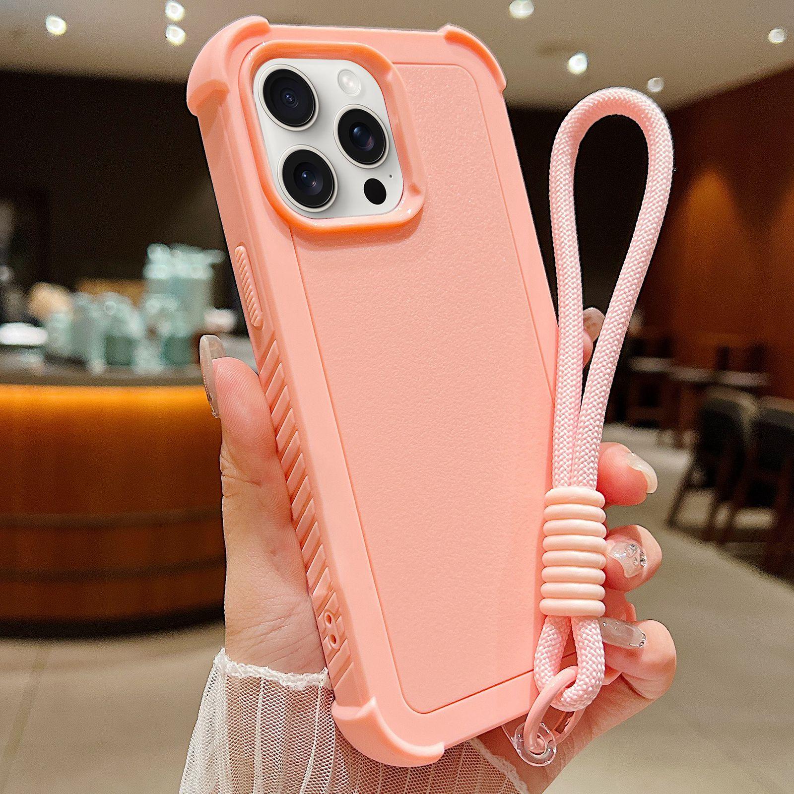 For iPhone 15 Pro Max Solid Color TPU Hybrid PC Shockproof Phone Case with Wrist Strap(Pink) - Shopkiz.com