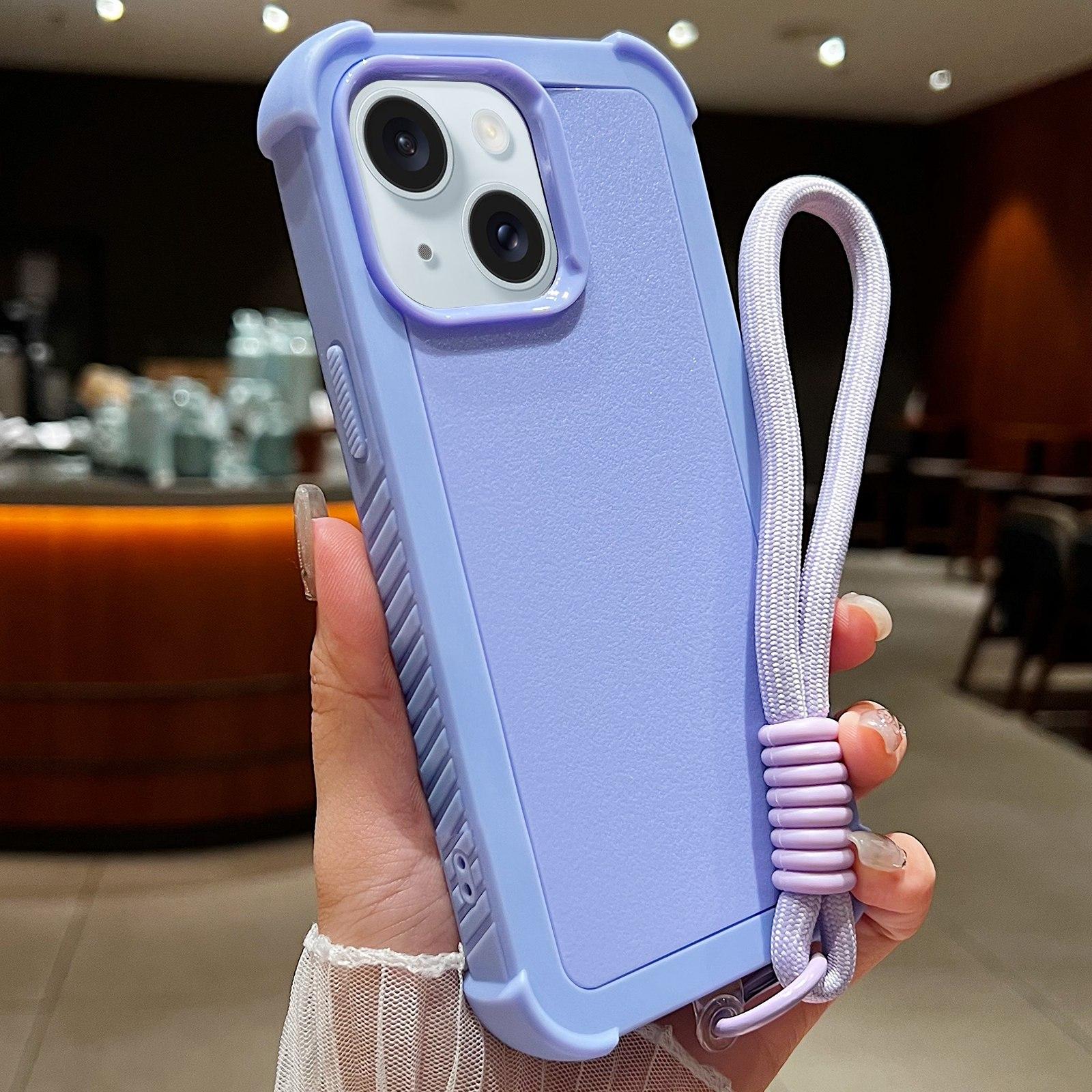 For iPhone 15 Solid Color TPU Hybrid PC Shockproof Phone Case with Wrist Strap(Purple) - Shopkiz.com