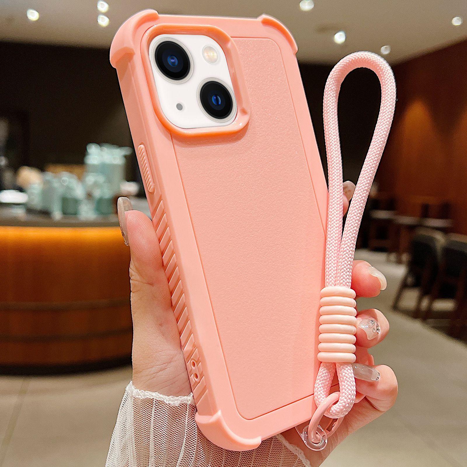 For iPhone 13 Solid Color TPU Hybrid PC Shockproof Phone Case with Wrist Strap(Pink) - Shopkiz.com