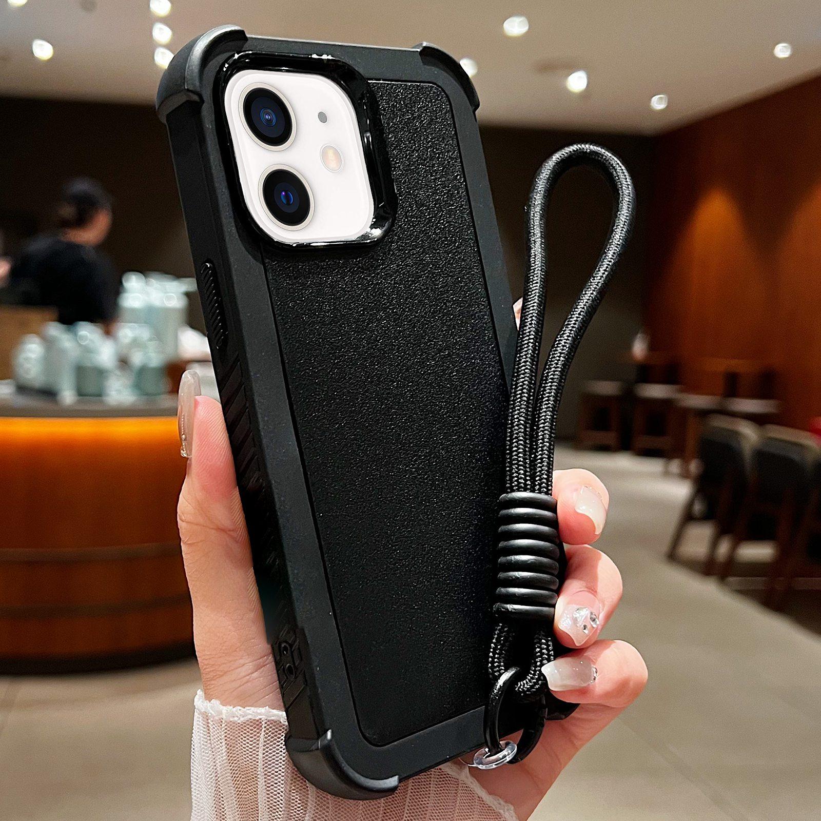 For iPhone 12 / 12 Pro Solid Color TPU Hybrid PC Shockproof Phone Case with Wrist Strap(Black) - Shopkiz.com
