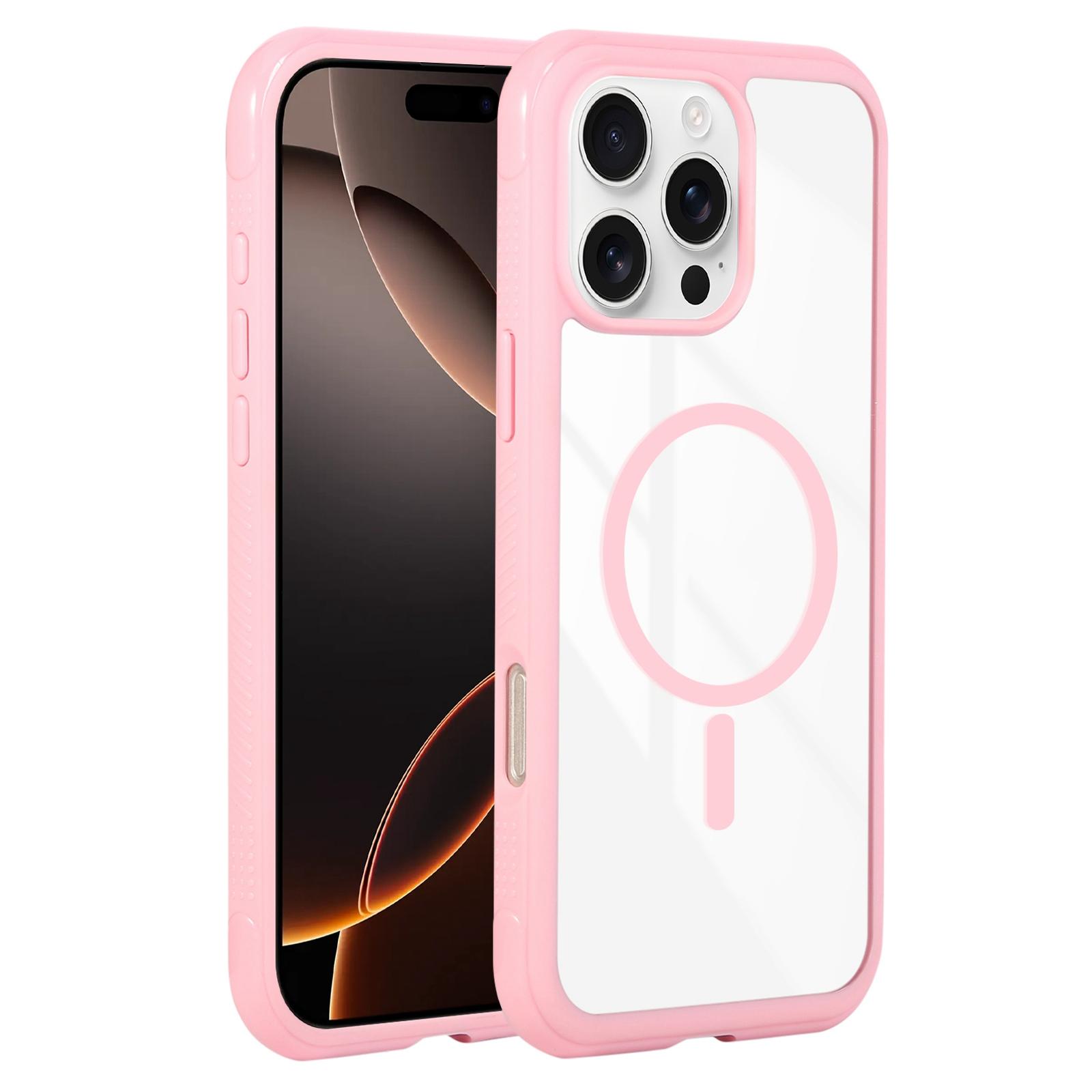 For iPhone 16 Pro Max Solid Color Edge Transparency MagSafe Magnetic Phone Case(Pink) - Shopkiz.com