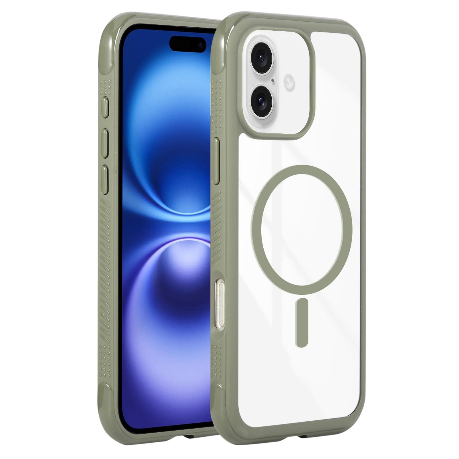 For iPhone 16 Solid Color Edge Transparency MagSafe Magnetic Phone Case(Army Green) - Shopkiz.com