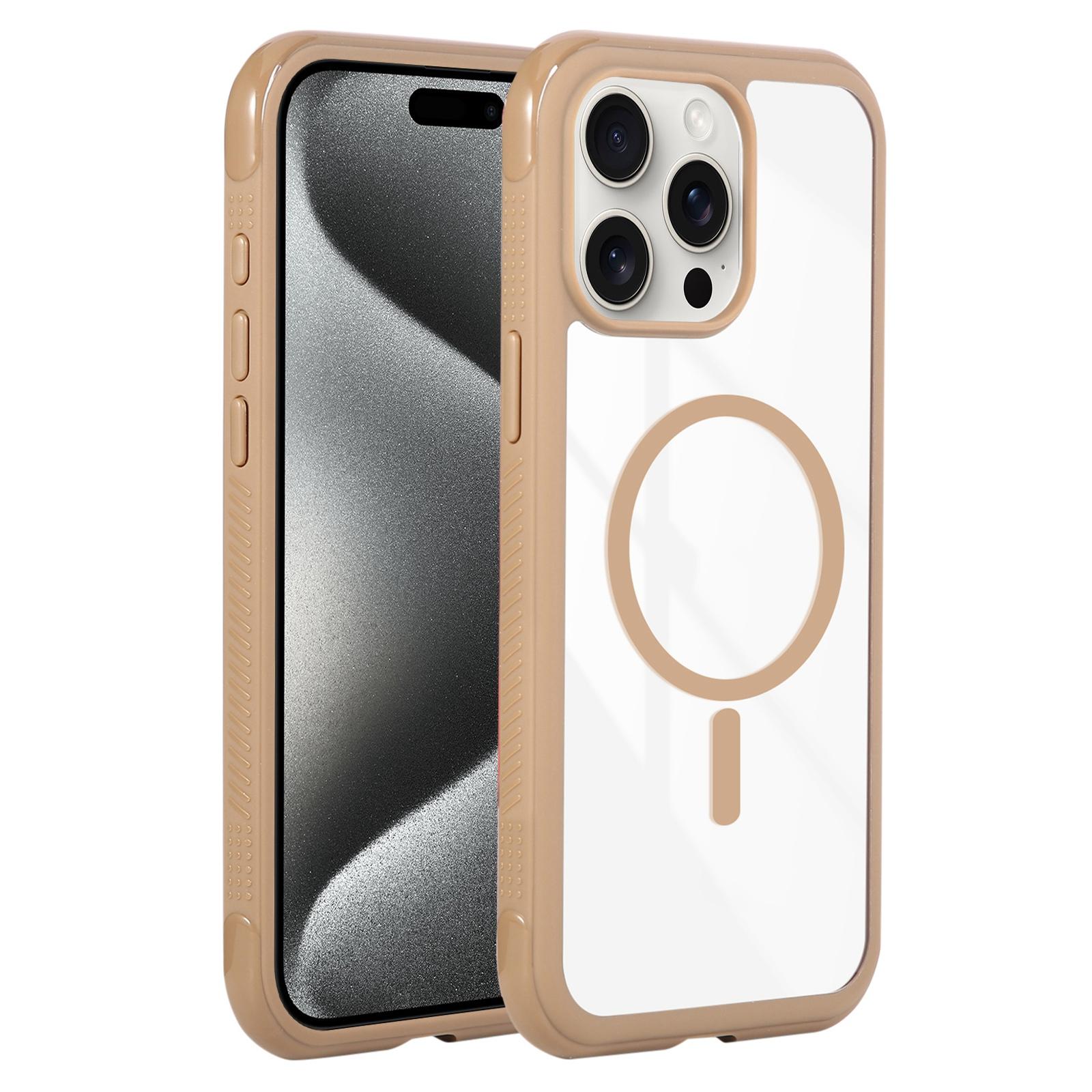 For iPhone 15 Pro Max Solid Color Edge Transparency MagSafe Magnetic Phone Case(Brown) - Shopkiz.com