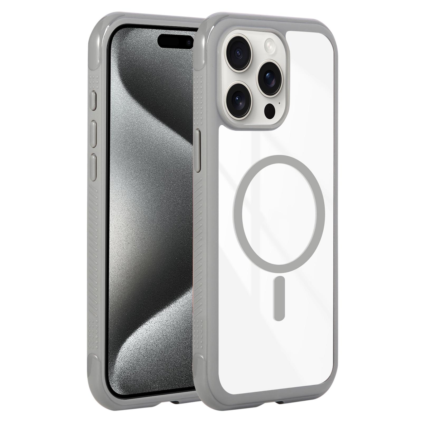 For iPhone 15 Pro Max Solid Color Edge Transparency MagSafe Magnetic Phone Case(Grey) - Shopkiz.com