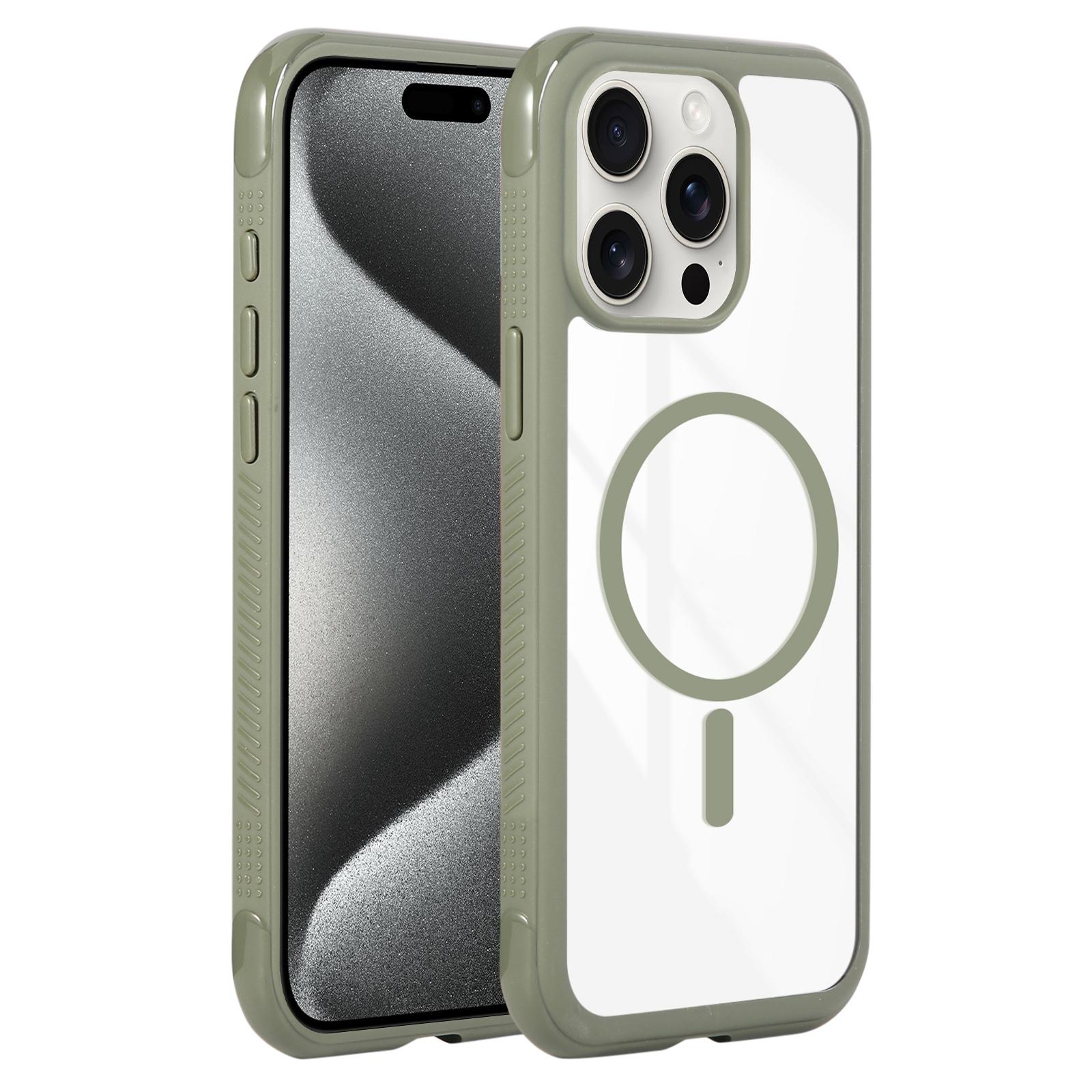 For iPhone 15 Pro Solid Color Edge Transparency MagSafe Magnetic Phone Case(Army Green) - Shopkiz.com