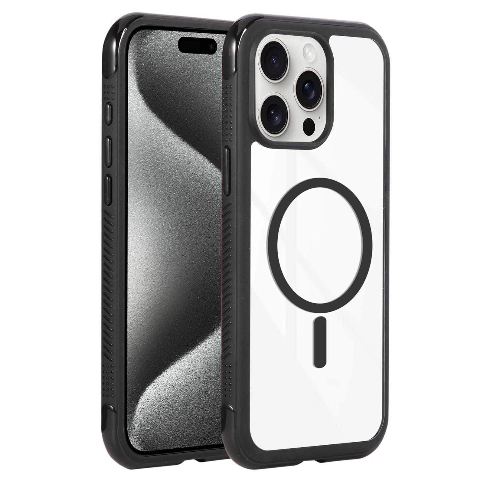 For iPhone 15 Pro Solid Color Edge Transparency MagSafe Magnetic Phone Case(Black) - Shopkiz.com