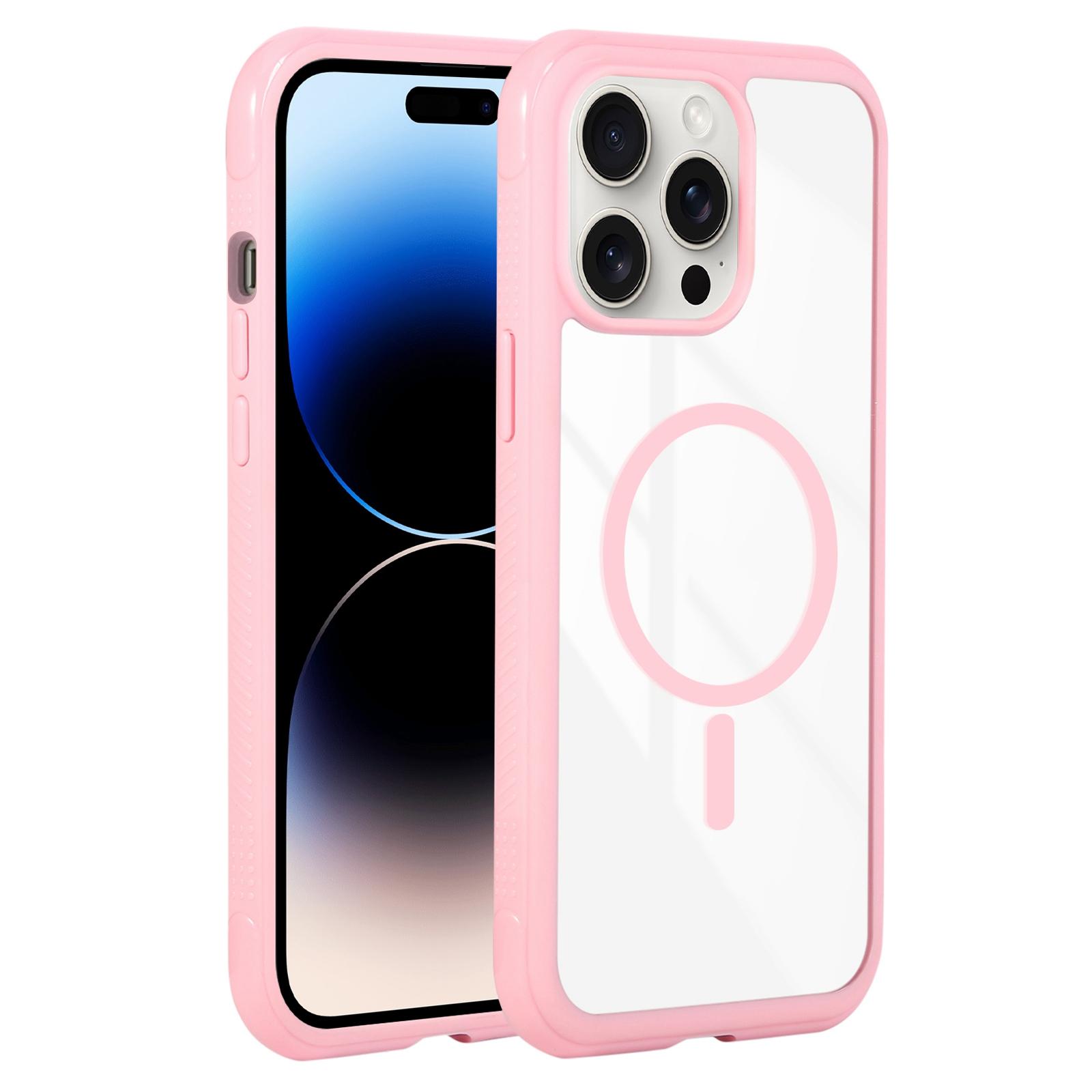 For iPhone 14 Pro / 13 Pro Solid Color Edge Transparency MagSafe Magnetic Phone Case(Pink) - Shopkiz.com
