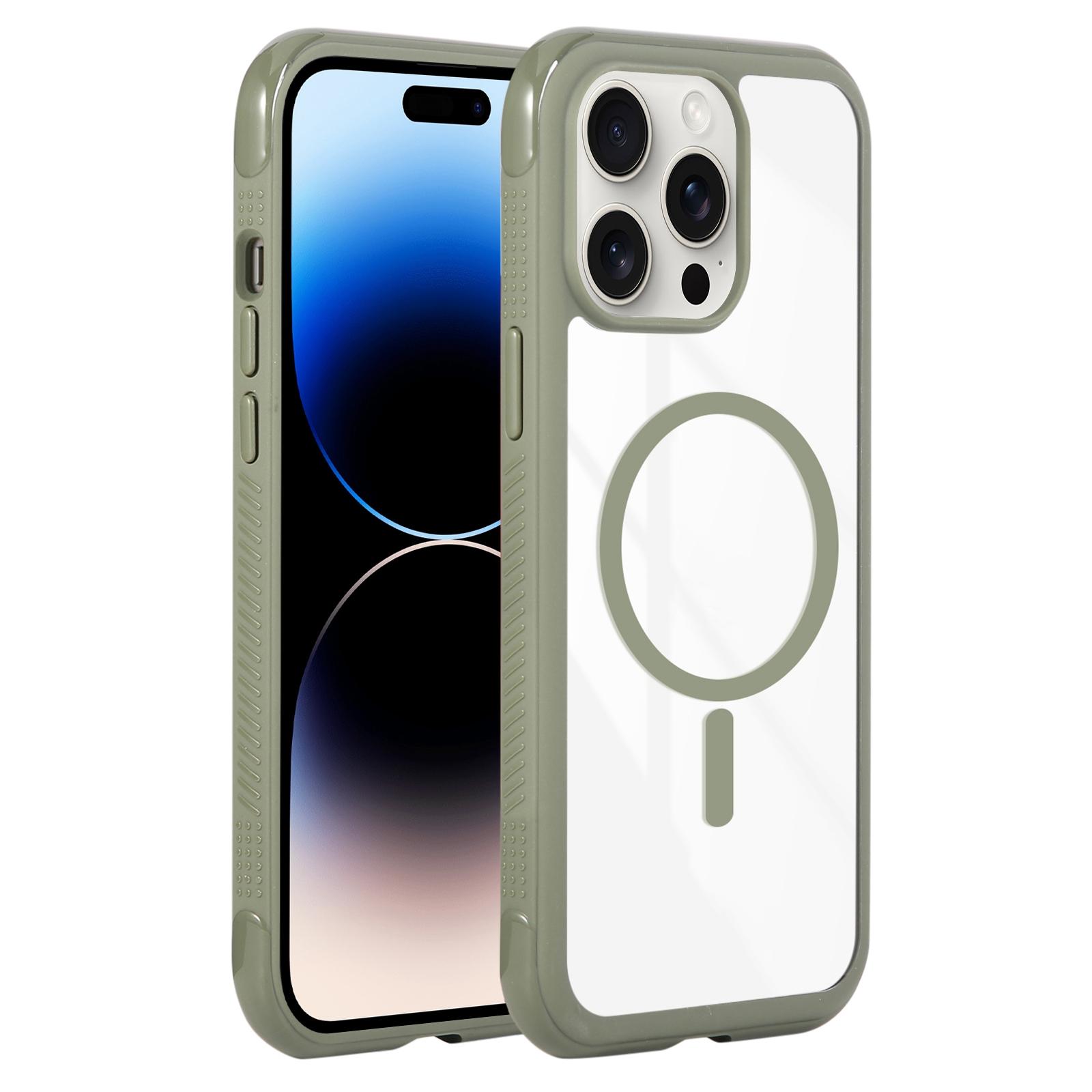 For iPhone 14 Pro / 13 Pro Solid Color Edge Transparency MagSafe Magnetic Phone Case(Army Green) - Shopkiz.com