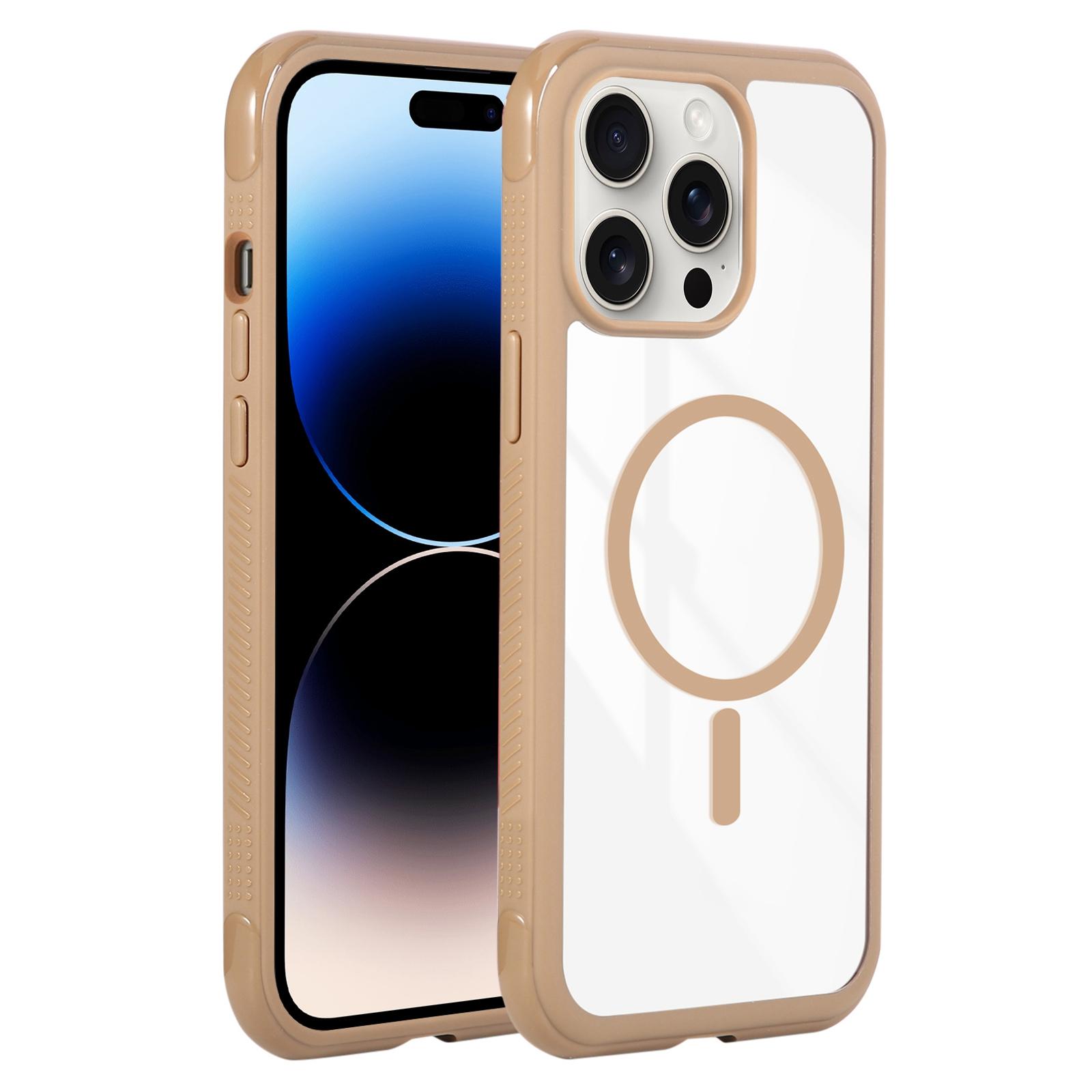 For iPhone 14 Pro Max Solid Color Edge Transparency MagSafe Magnetic Phone Case(Brown) - Shopkiz.com